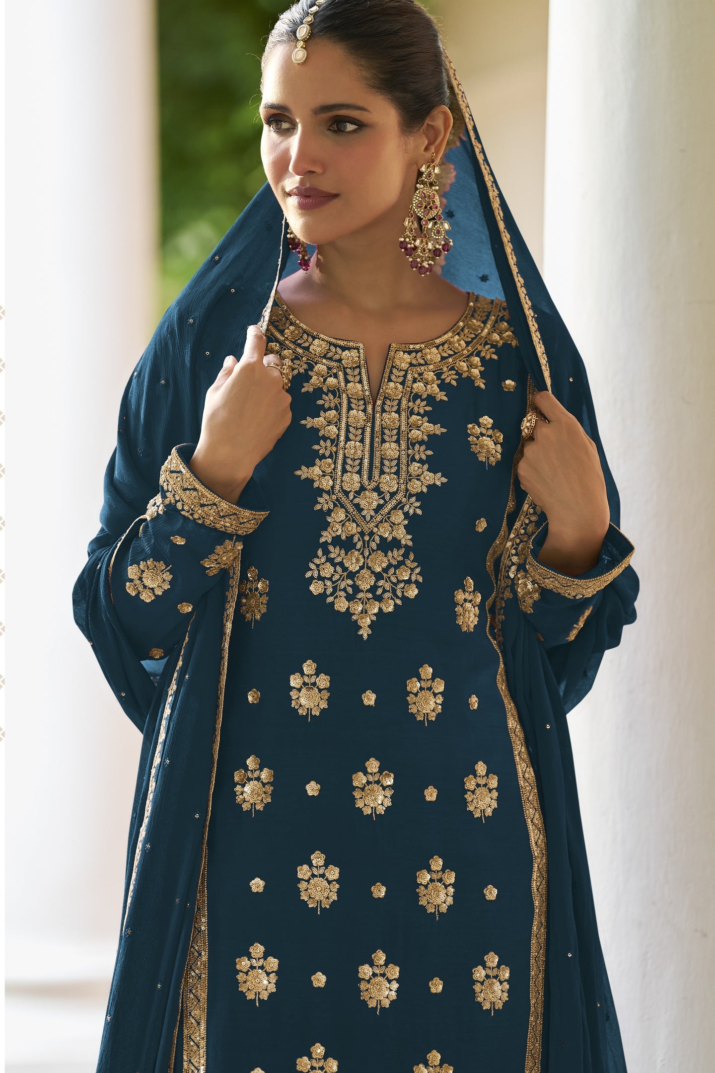 Straight Cut Pakistani Suit with Dark Teal Chinon Silk Sequins Thread Work