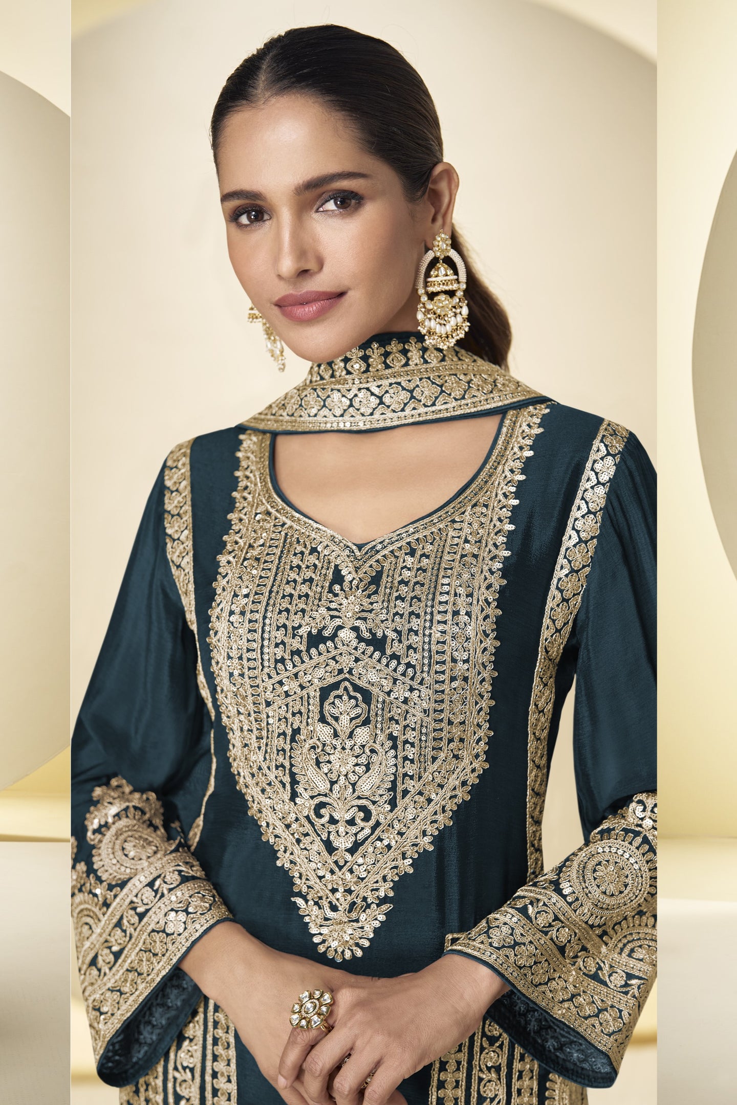 Dark Teal Wedding Outfits: Chinon Silk Sequin Kameez & Pant
