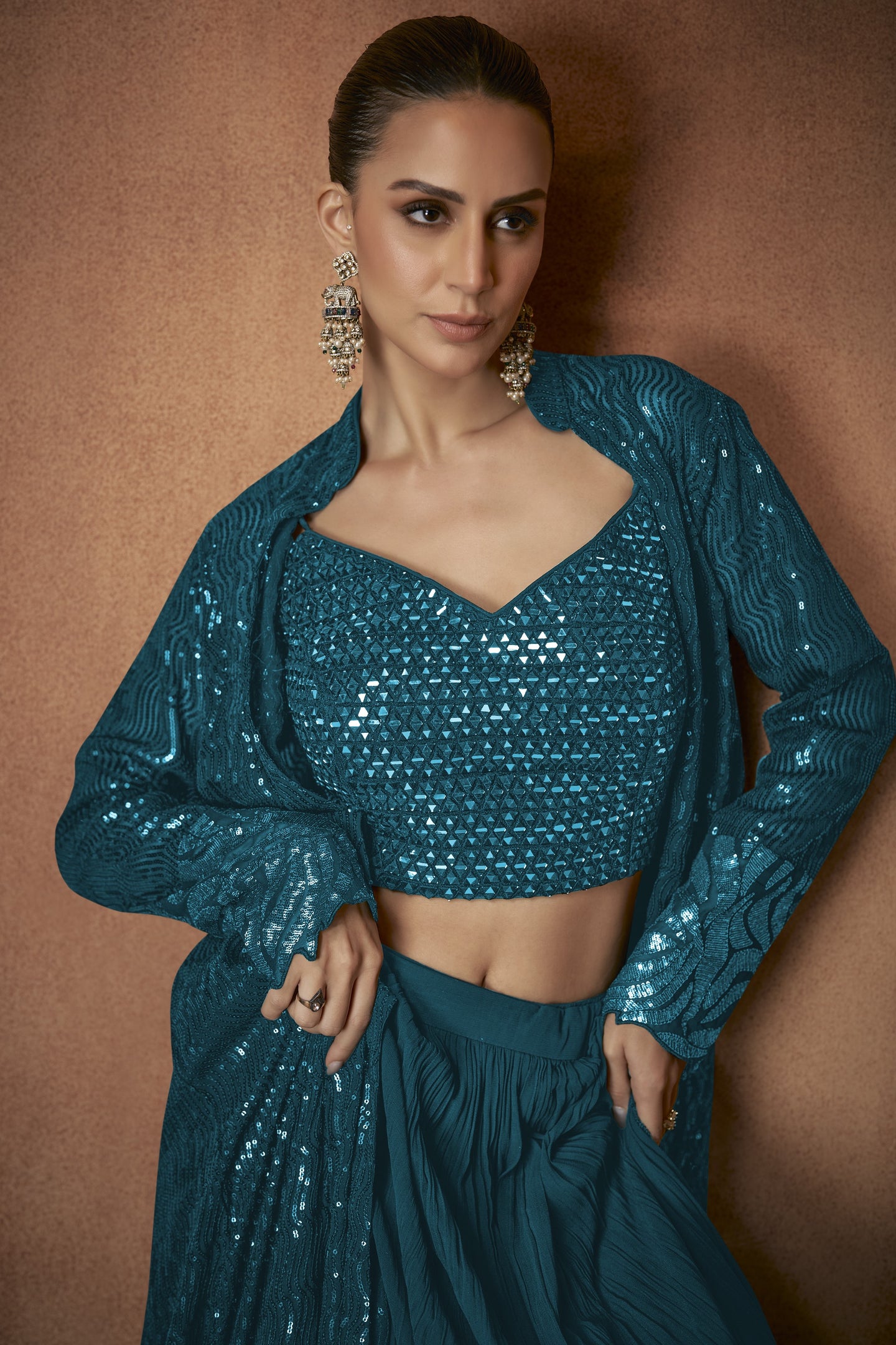 Party Wear Dress with Dark Teal Georgette Palazzo Suit and Jacket
