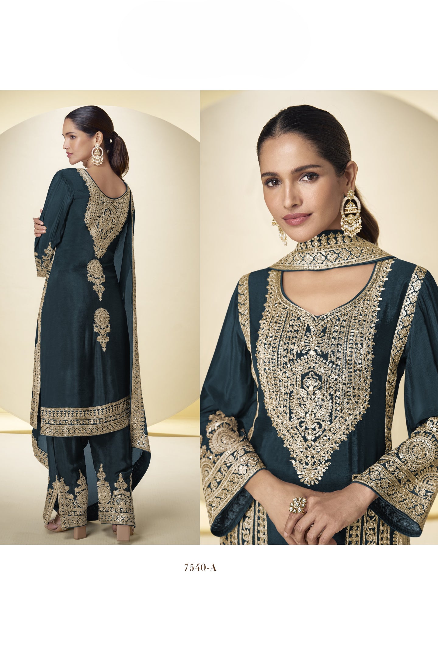 Dark Teal Wedding Outfits: Chinon Silk Sequin Kameez & Pant