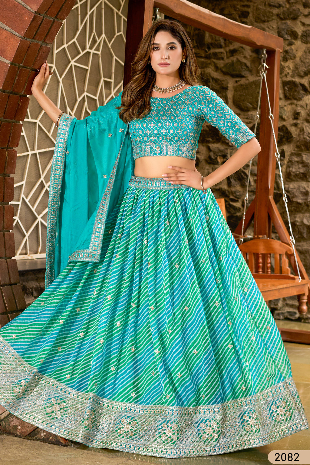 Dark Turquoise Sangeet Lehenga Choli with Print & Embroidery Work