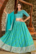 Dark Turquoise Sangeet Lehenga Choli with Print & Embroidery Work