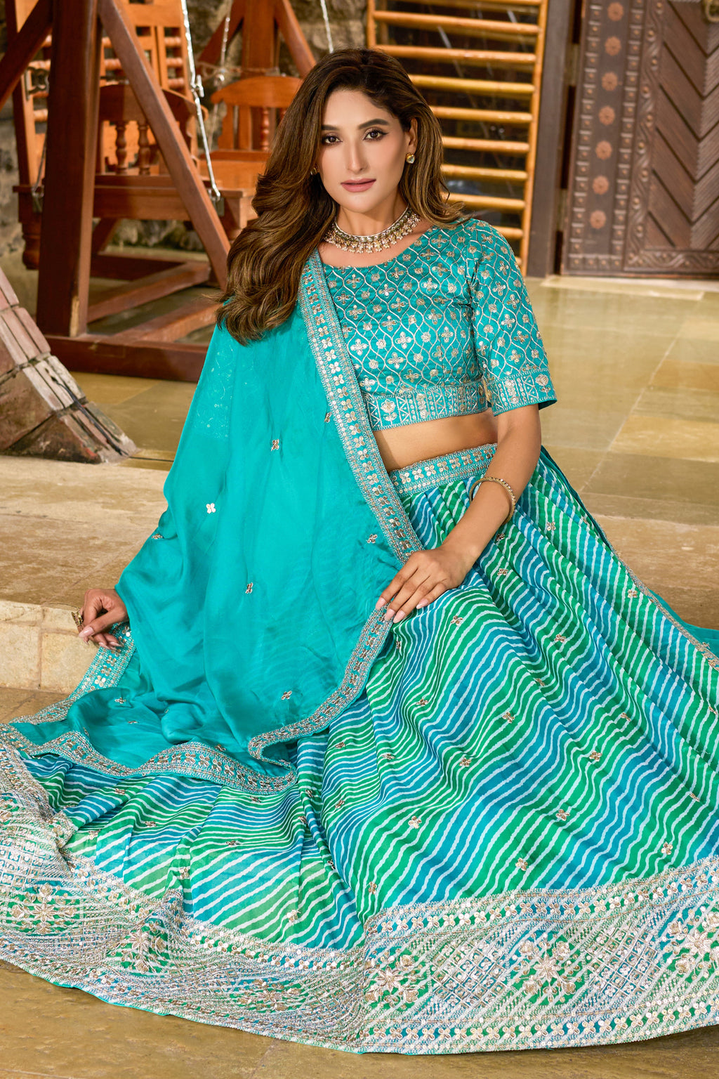 Dark Turquoise Sangeet Lehenga Choli with Print & Embroidery Work
