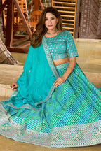 Dark Turquoise Sangeet Lehenga Choli with Print & Embroidery Work