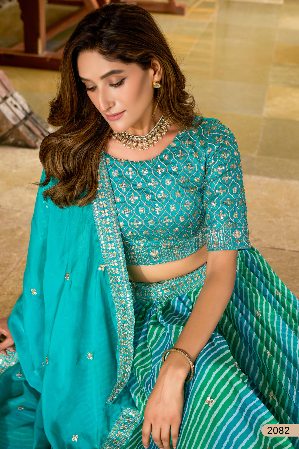 Dark Turquoise Sangeet Lehenga Choli with Print & Embroidery Work