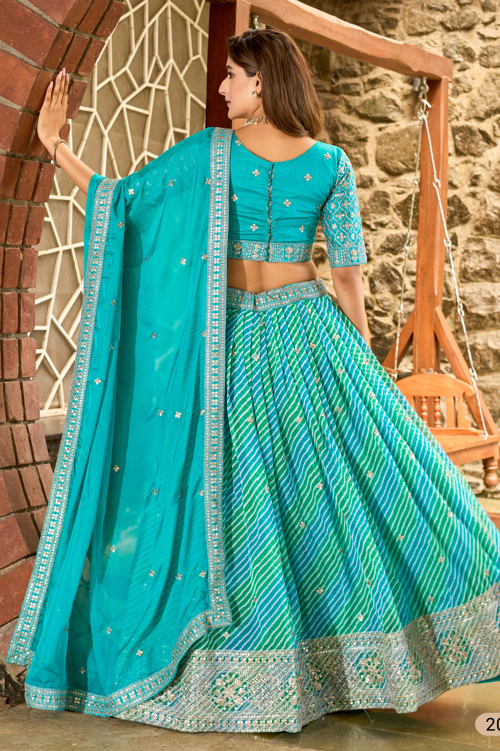 Dark Turquoise Sangeet Lehenga Choli with Print & Embroidery Work