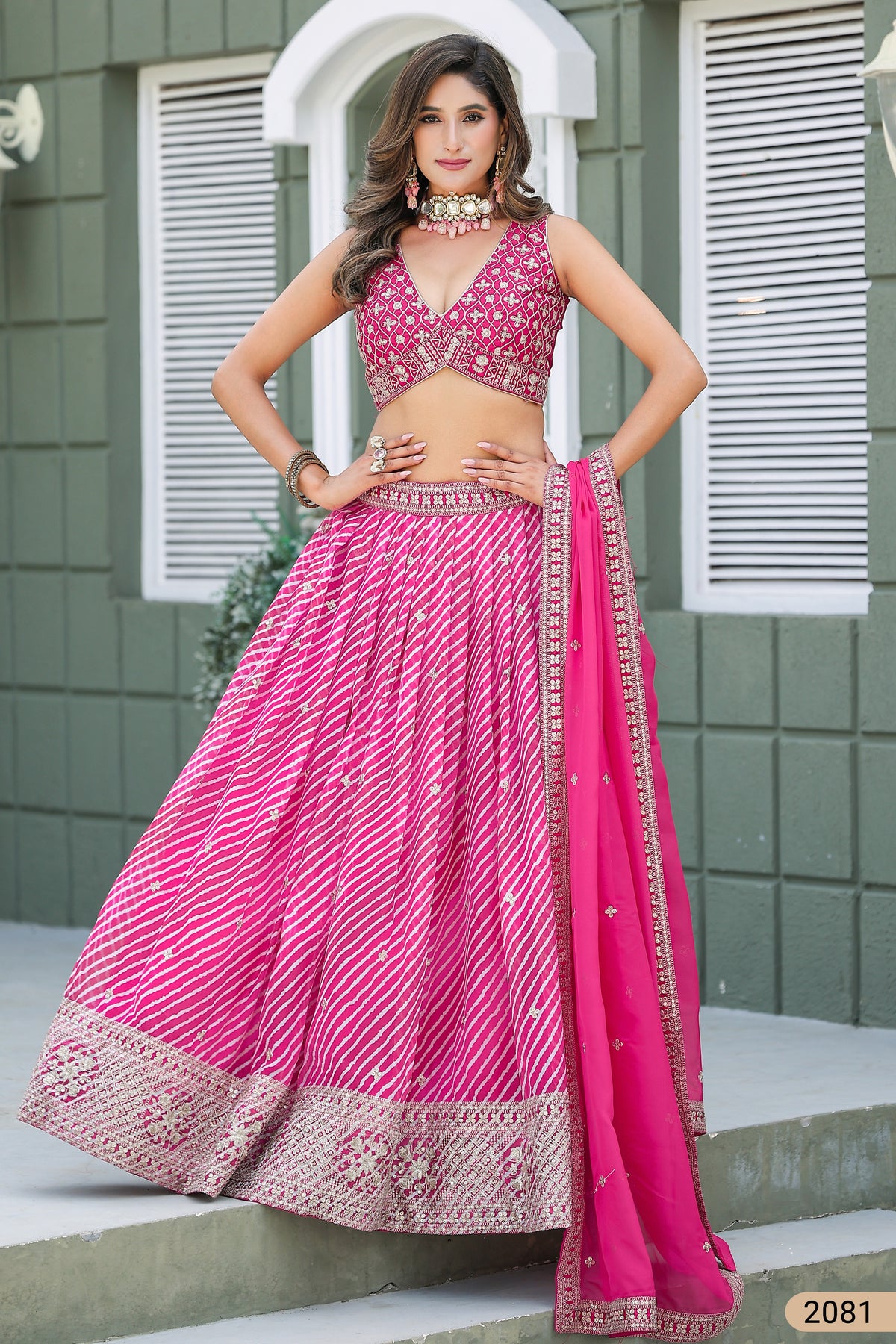 Deep Pink Sangeet Lehenga Choli with Print & Embroidery Work