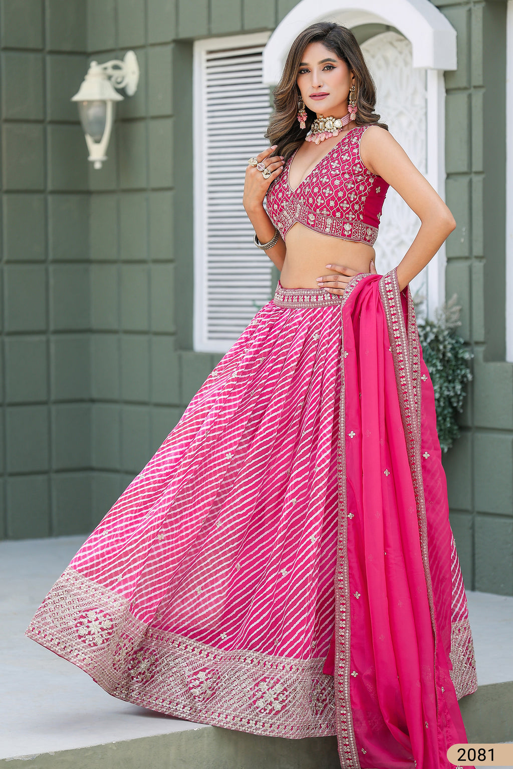 Deep Pink Sangeet Lehenga Choli with Print & Embroidery Work