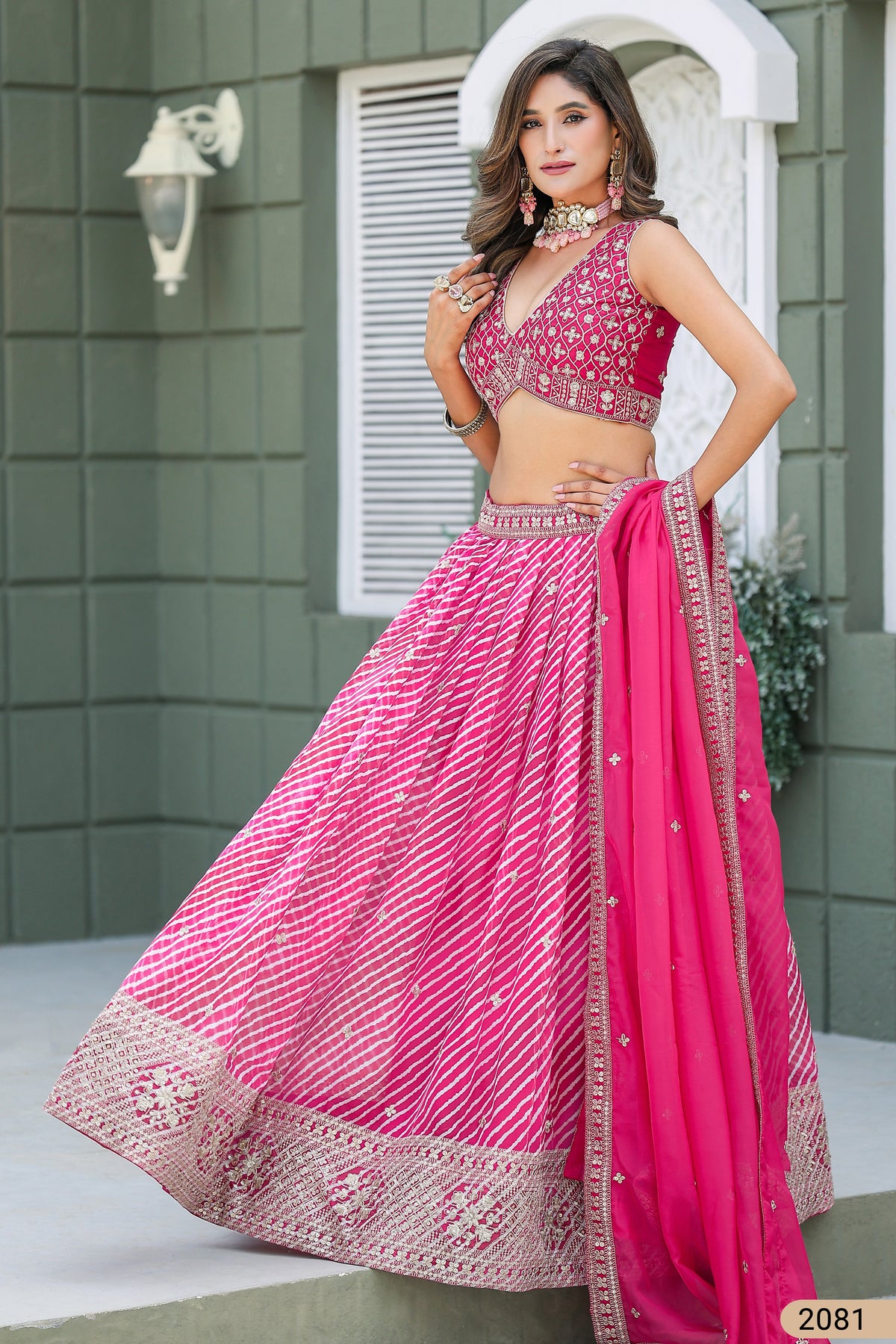 Deep Pink Sangeet Lehenga Choli with Print & Embroidery Work