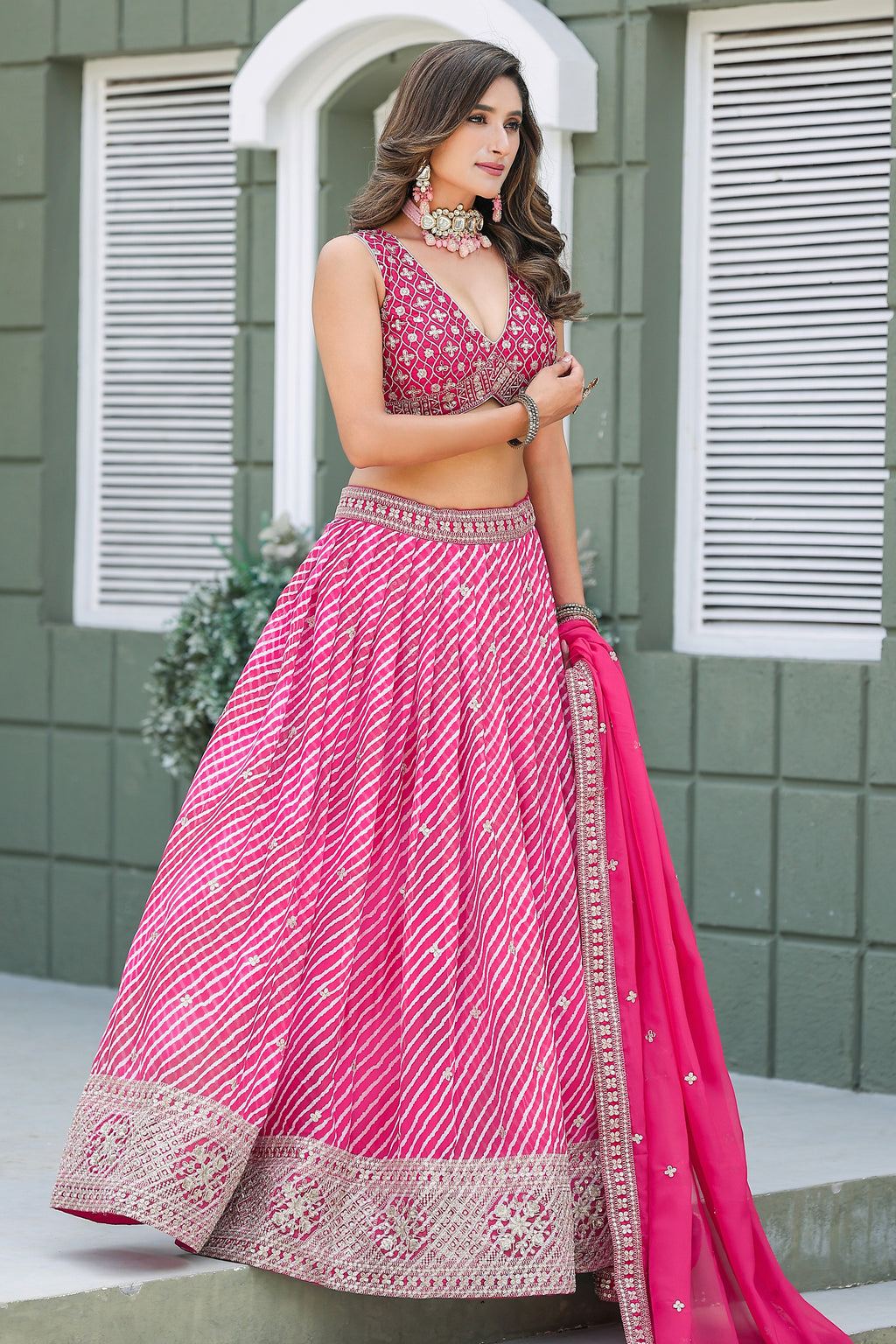 Deep Pink Sangeet Lehenga Choli with Print & Embroidery Work