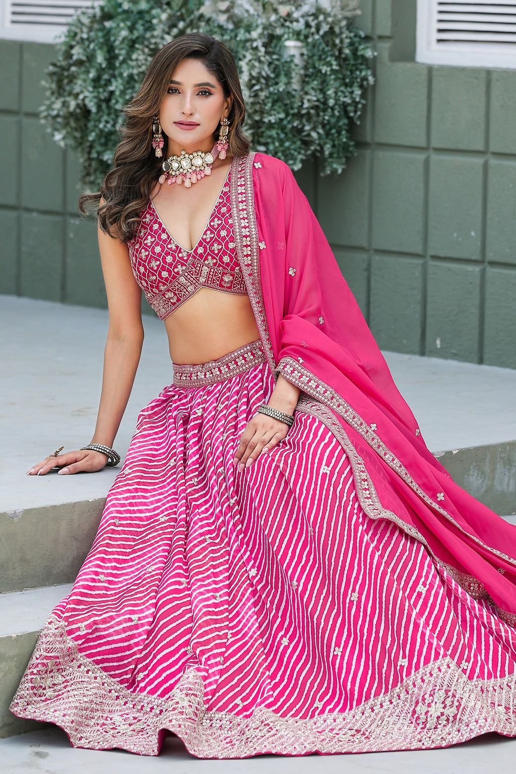 Deep Pink Sangeet Lehenga Choli with Print & Embroidery Work