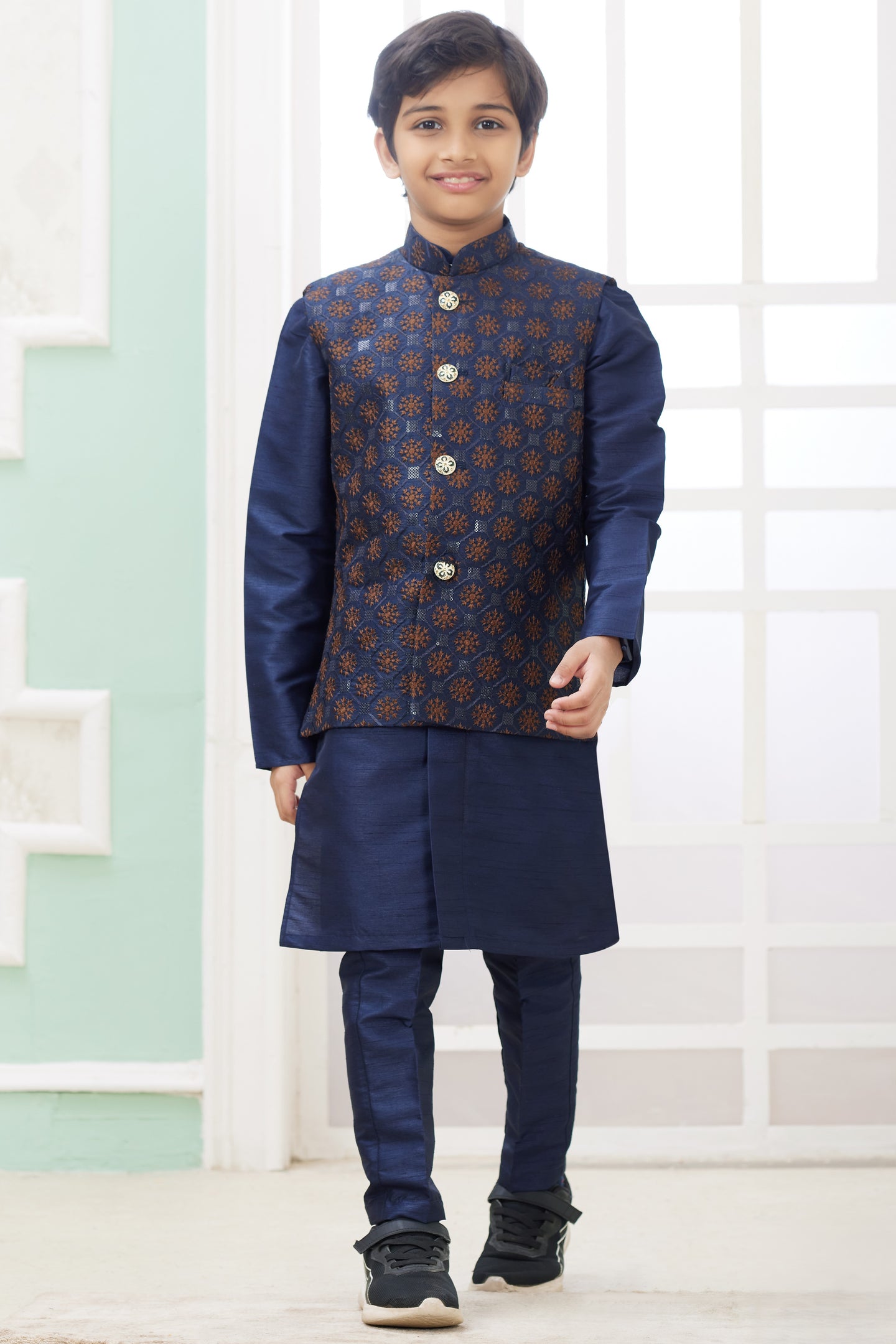 Drak Blue Art Silk 3 Piece Kids Wear Boys Suit Kurta Pajama with Waistcoat Nehru Jacket for Kids for Festivals & Wedding - Embroidery Work