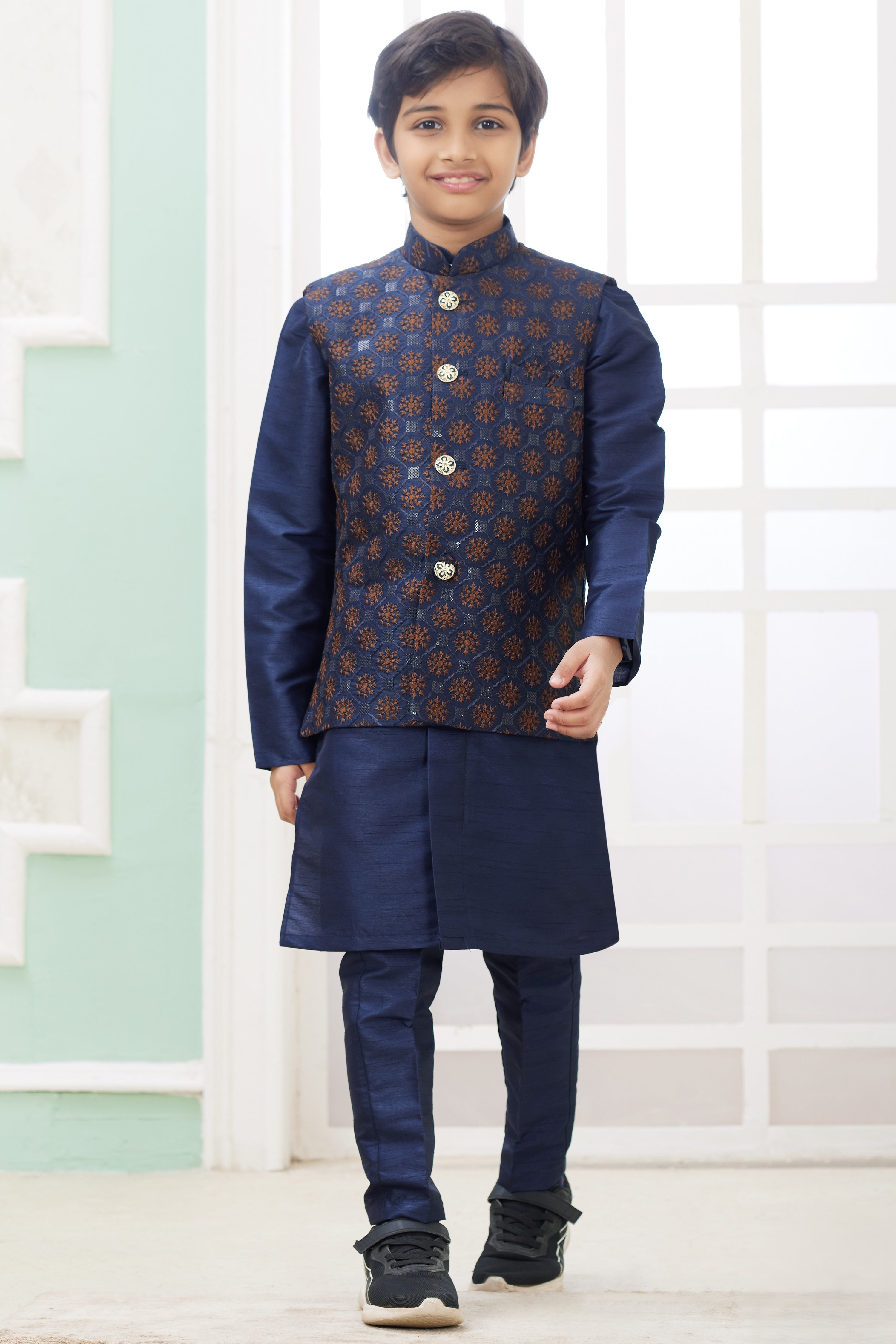 Drak Blue Art Silk 3 Piece Kids Wear Boys Suit Kurta Pajama with Waistcoat Nehru Jacket for Kids for Festivals & Wedding - Embroidery Work
