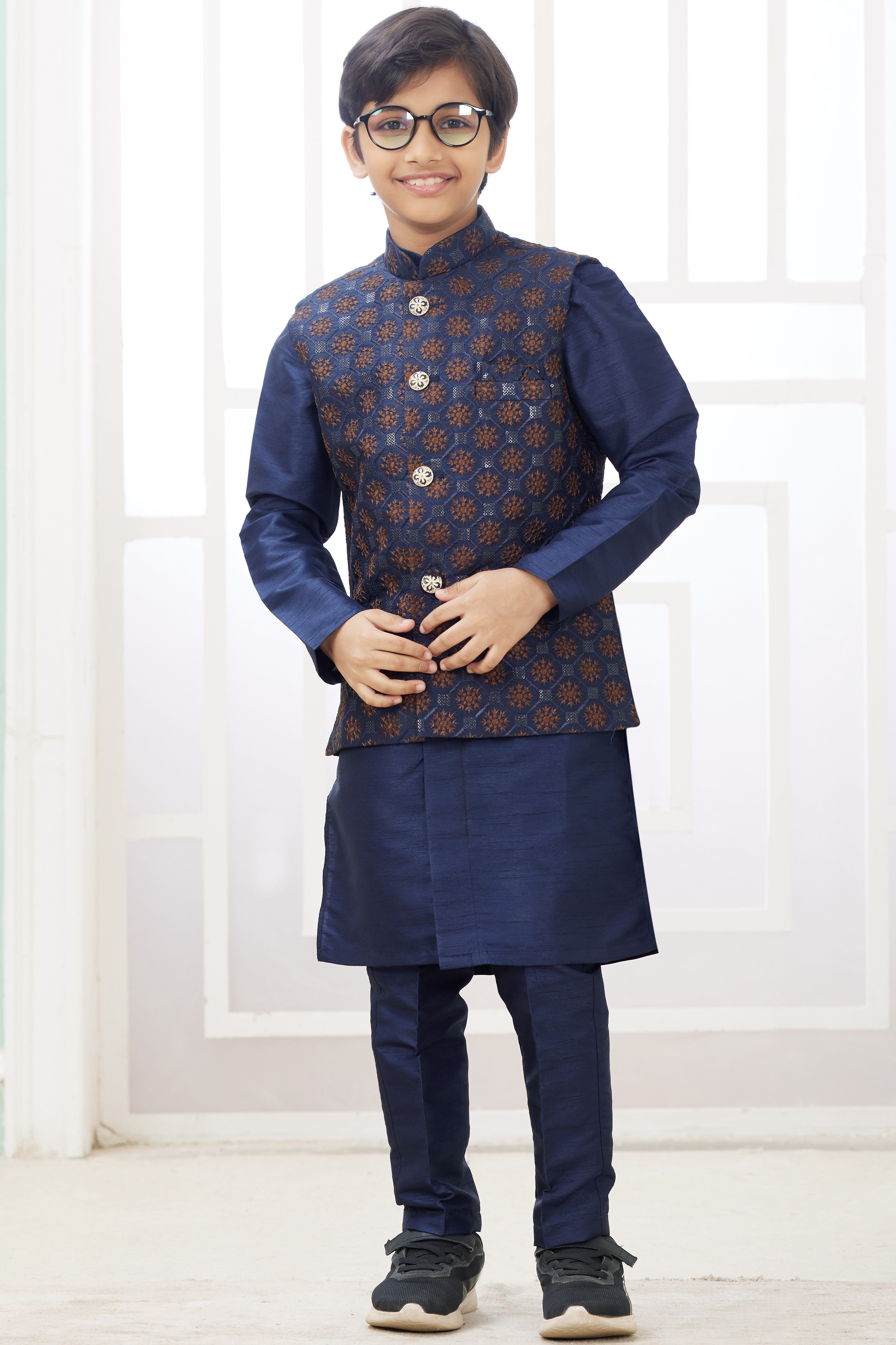 Drak Blue Art Silk 3 Piece Kids Wear Boys Suit Kurta Pajama with Waistcoat Nehru Jacket for Kids for Festivals & Wedding - Embroidery Work