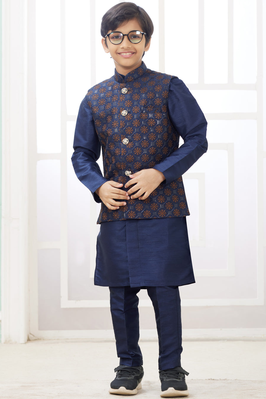 Drak Blue Art Silk 3 Piece Kids Wear Boys Suit Kurta Pajama with Waistcoat Nehru Jacket for Kids for Festivals & Wedding - Embroidery Work