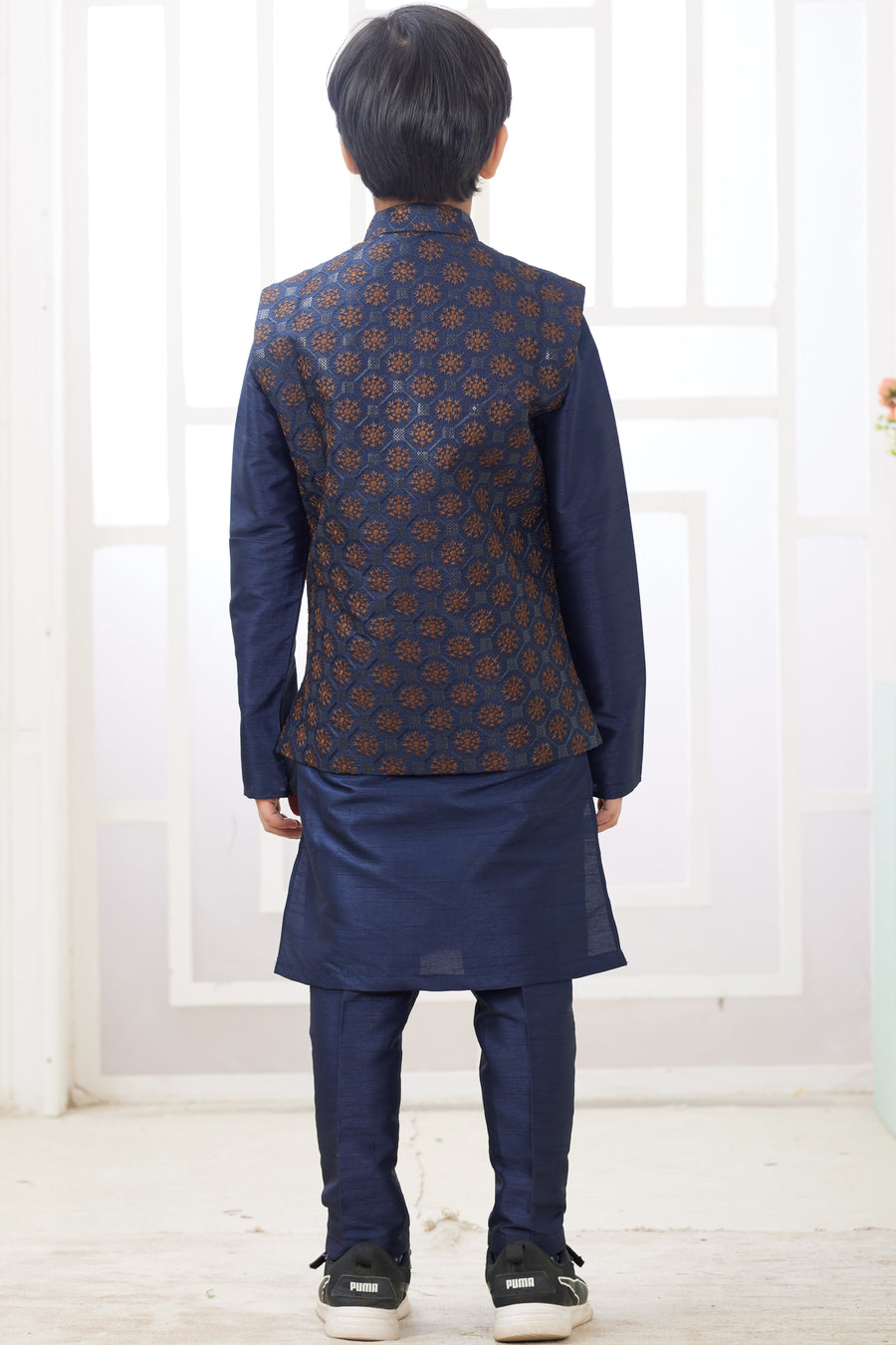 Drak Blue Art Silk 3 Piece Kids Wear Boys Suit Kurta Pajama with Waistcoat Nehru Jacket for Kids for Festivals & Wedding - Embroidery Work
