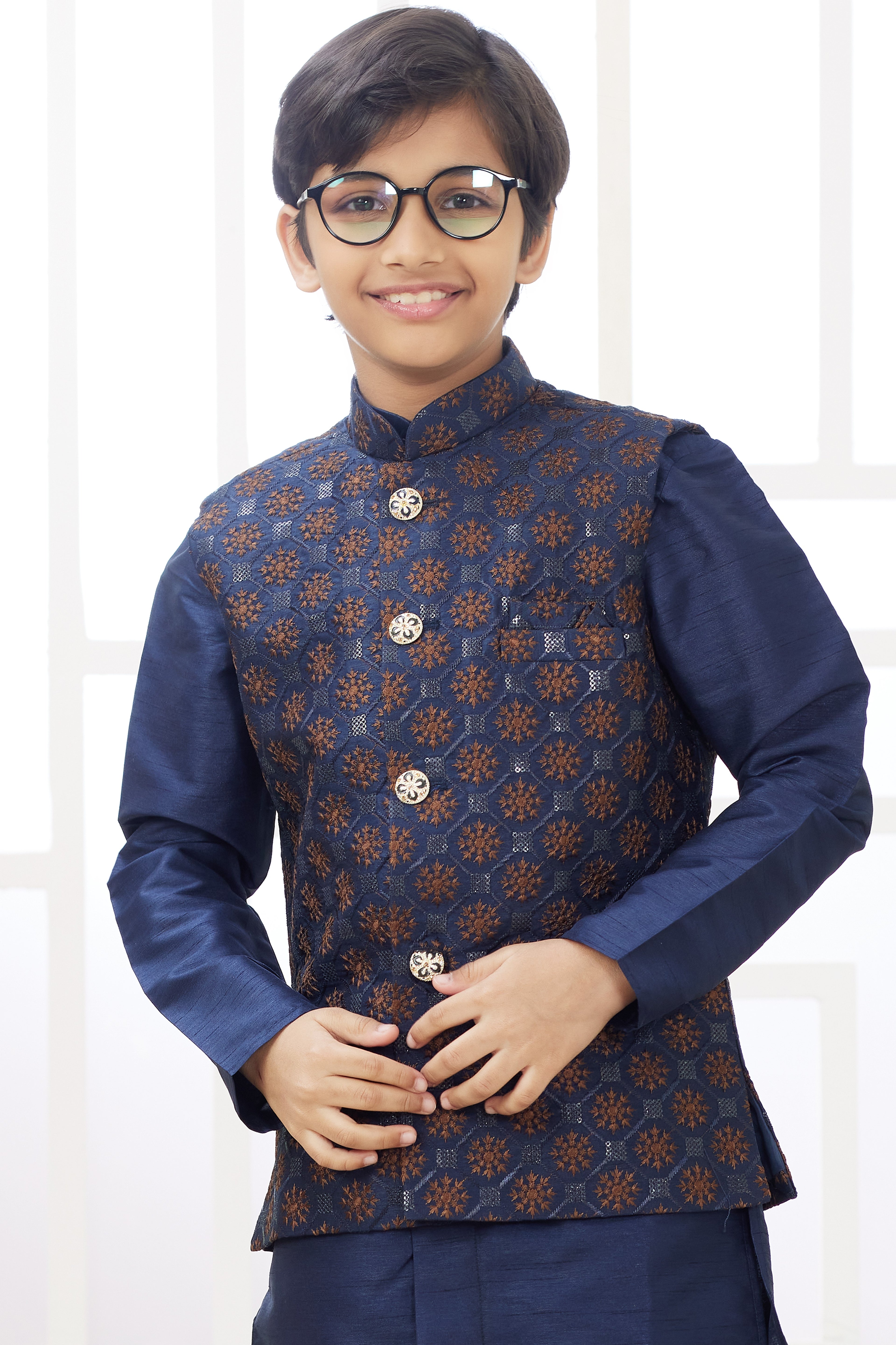 Drak Blue Art Silk 3 Piece Kids Wear Boys Suit Kurta Pajama with Waistcoat Nehru Jacket for Kids for Festivals & Wedding - Embroidery Work