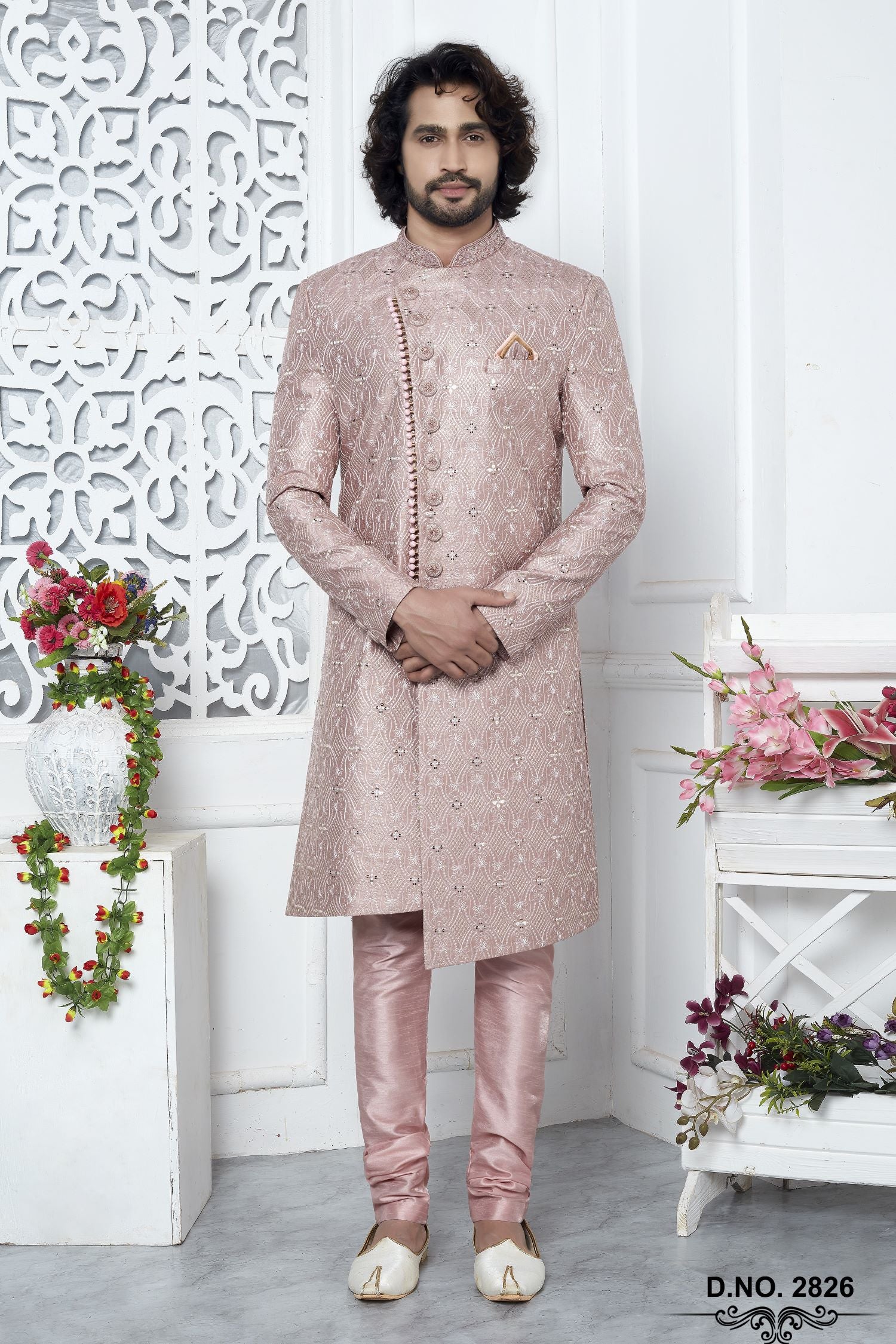 Dusty Pink Art Silk Sherwani for Men Wedding with Embroidery Work