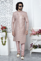 Dusty Pink Art Silk Sherwani for Men Wedding with Embroidery Work