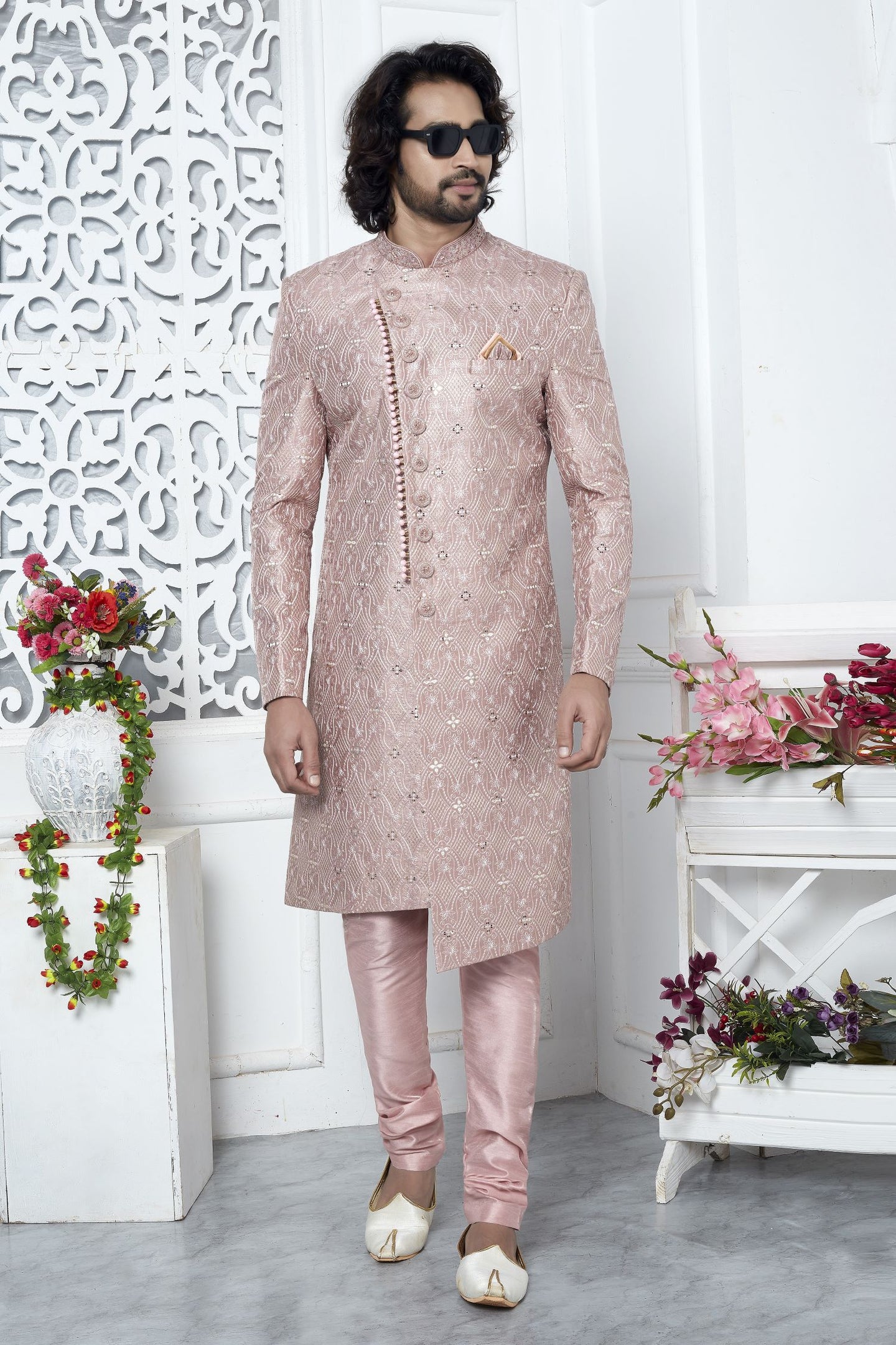 Dusty Pink Art Silk Sherwani for Men Wedding with Embroidery Work