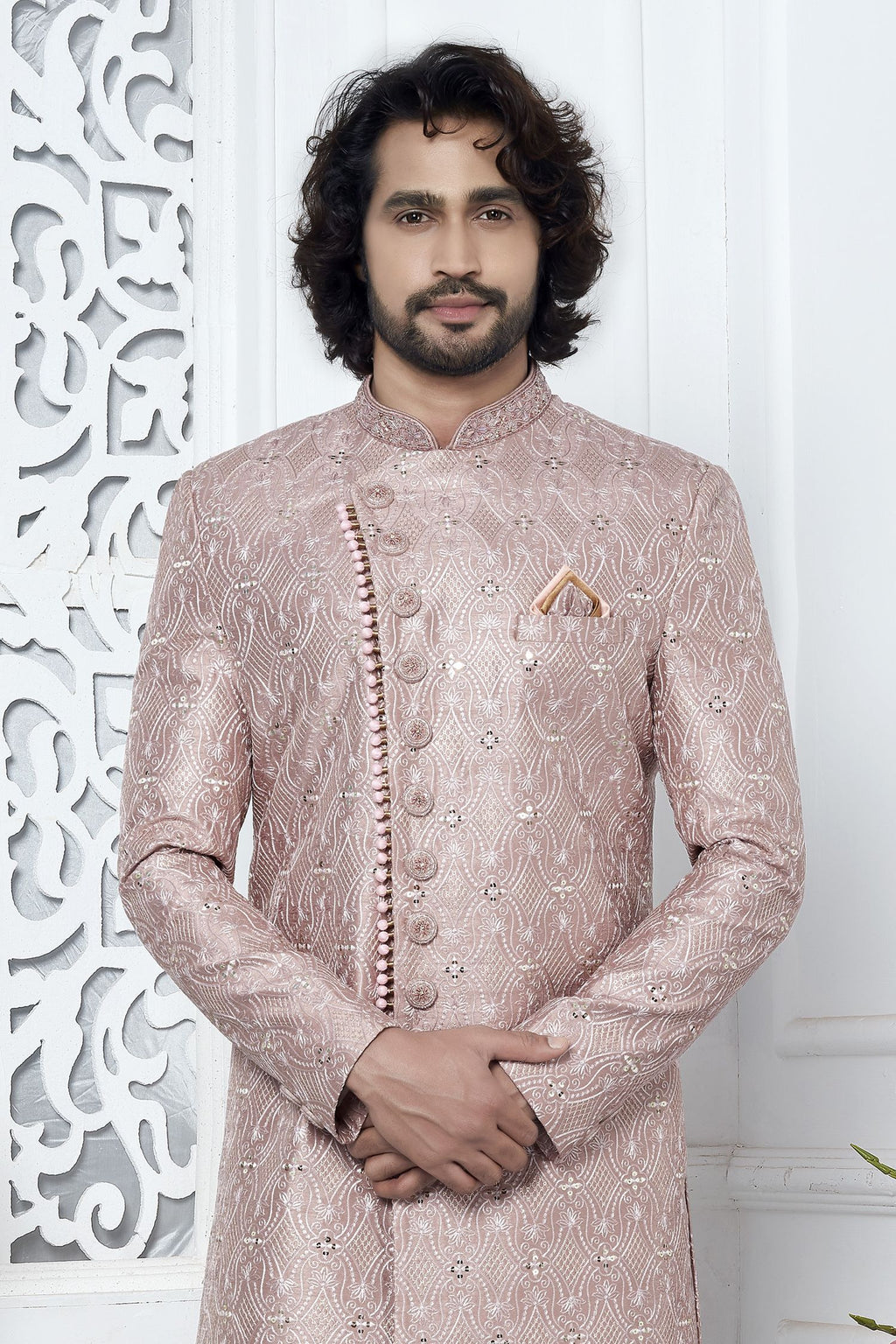 Dusty Pink Art Silk Sherwani for Men Wedding with Embroidery Work