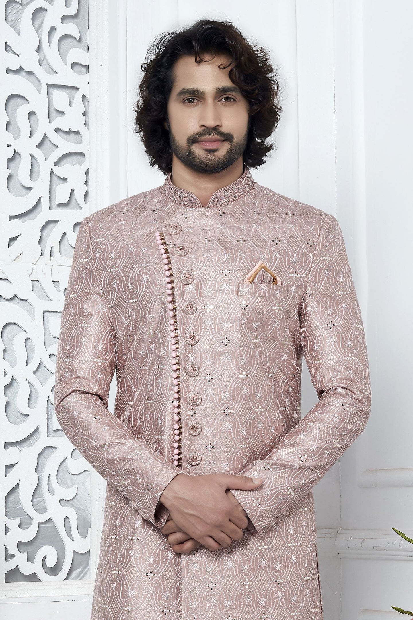 Dusty Pink Art Silk Sherwani for Men Wedding with Embroidery Work