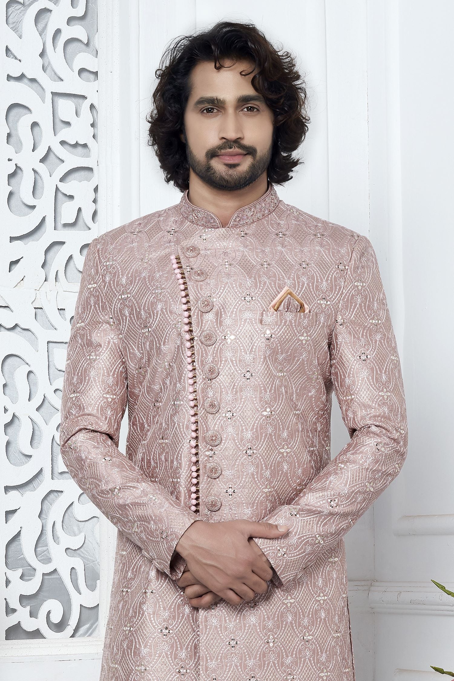 Dusty Pink Art Silk Sherwani for Men Wedding with Embroidery Work