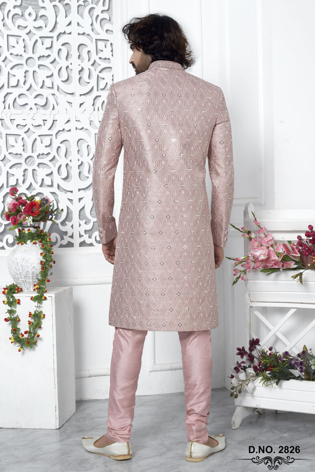 Dusty Pink Art Silk Sherwani for Men Wedding with Embroidery Work