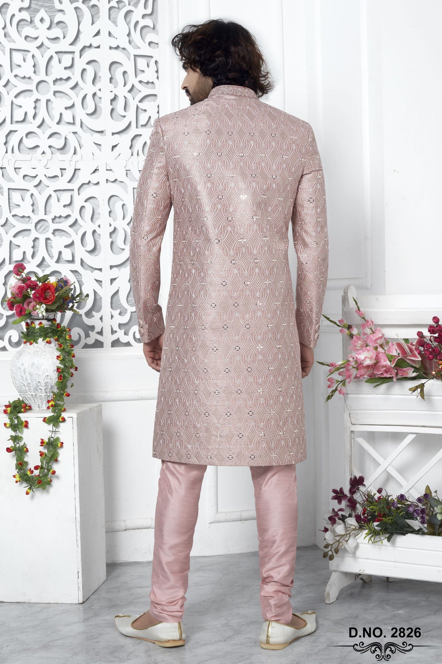 Dusty Pink Art Silk Sherwani for Men Wedding with Embroidery Work