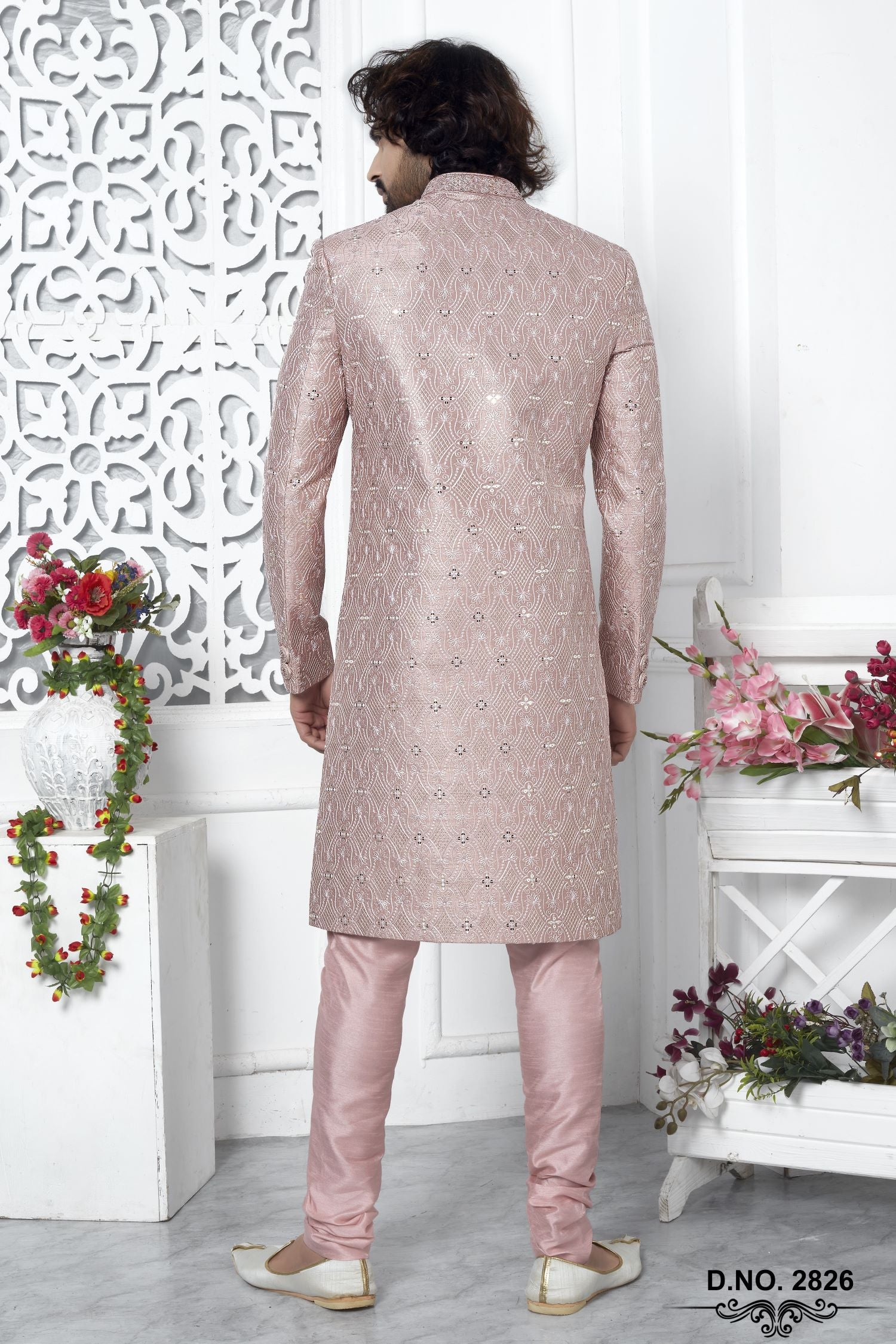 Dusty Pink Art Silk Sherwani for Men Wedding with Embroidery Work