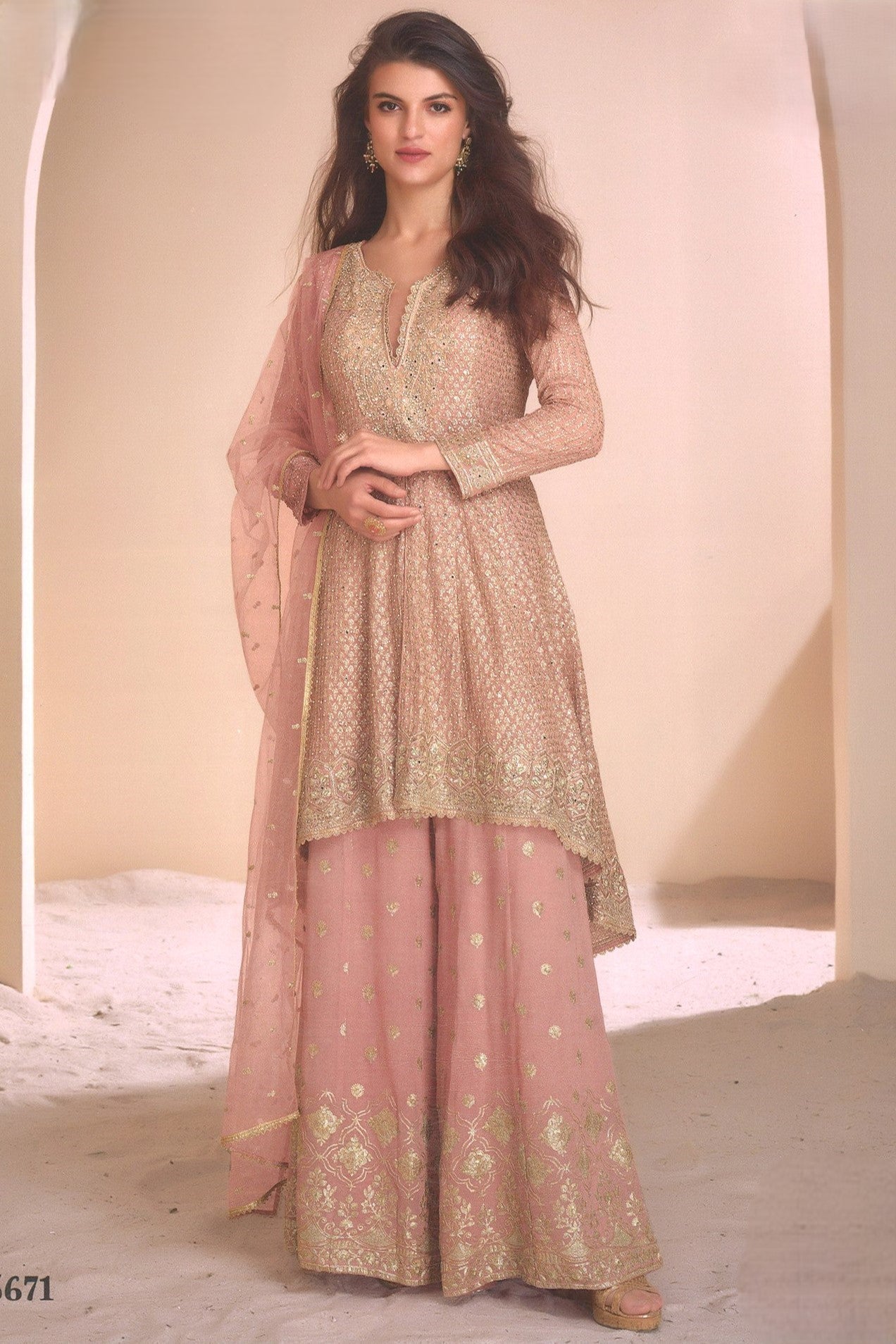 Dusty Pink Georgette Palazzo Suit For Indian Wedding & Pakistani Festival - Embroidery Work, Swarovski Work