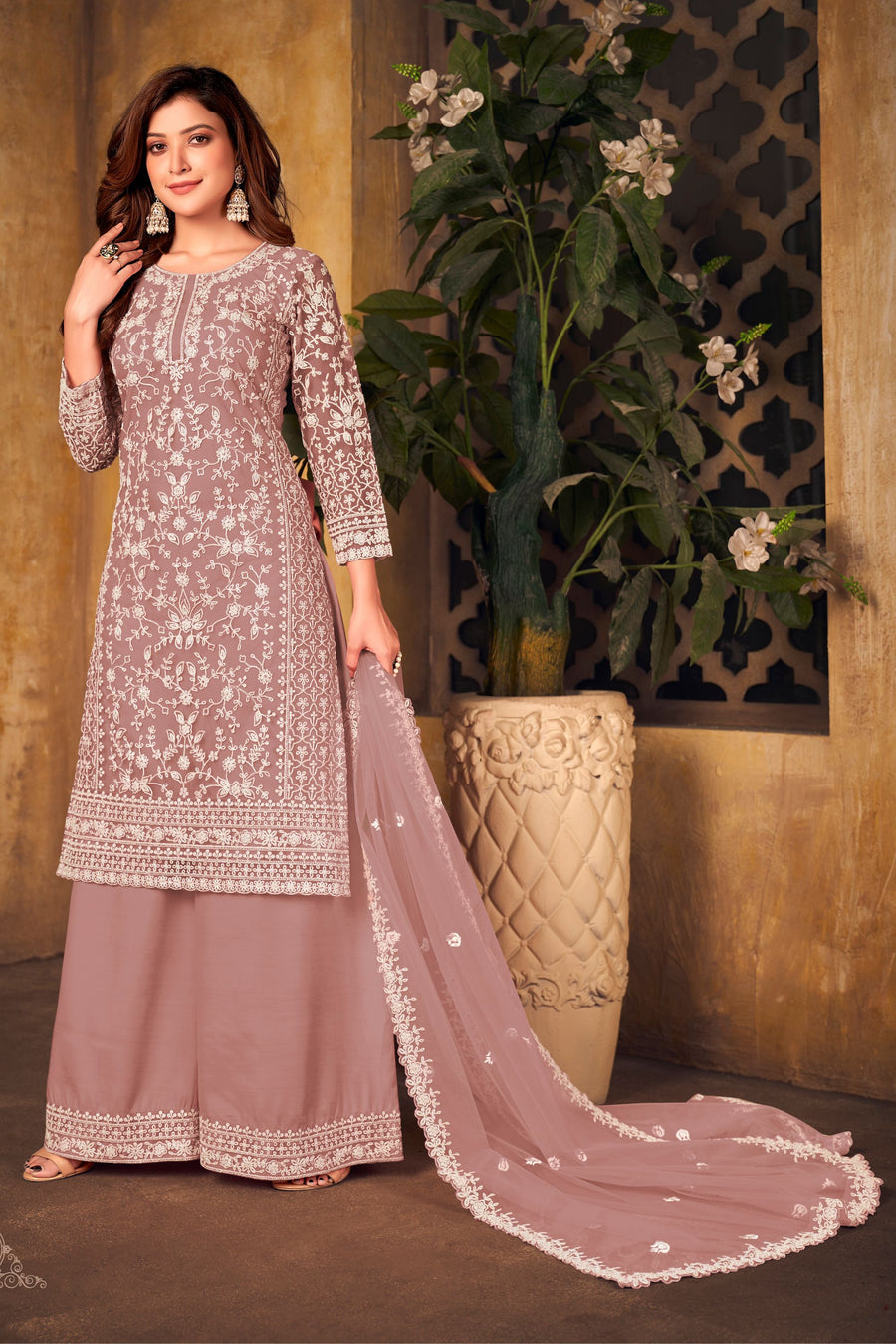 Dusty Pink Net Party Kameez and Palazzo Suit for Ladies Dress Pakistani - Embroidery Work RTS Dusty Pink Net Party Kameez and Palazzo Suit for Ladies Dress Pakistani - Embroidery Work RTS