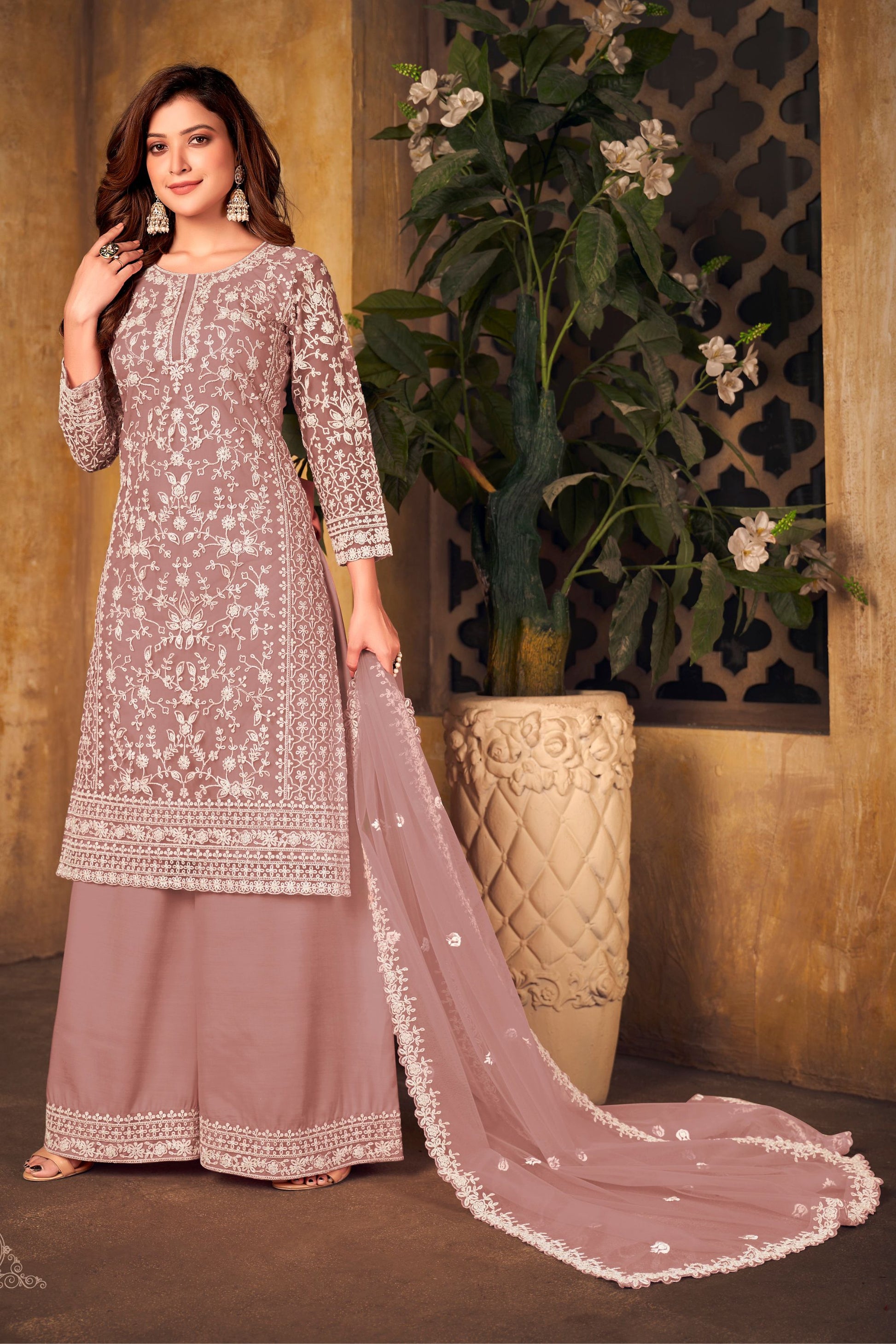 Dusty Pink Net Plus Size Kameez and Palazzo Suit For Indian Wedding & Festival - Embroidery Work