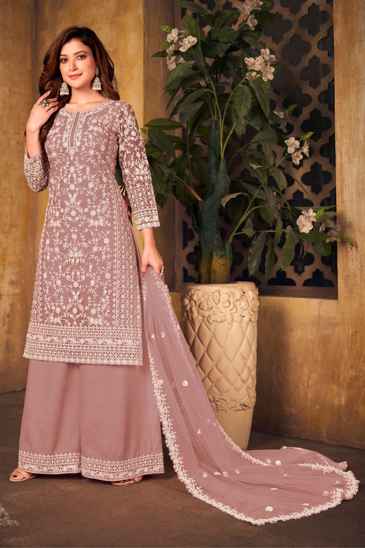 Dusty Pink Net Plus Size Kameez and Palazzo Suit For Indian Wedding & Festival - Embroidery Work