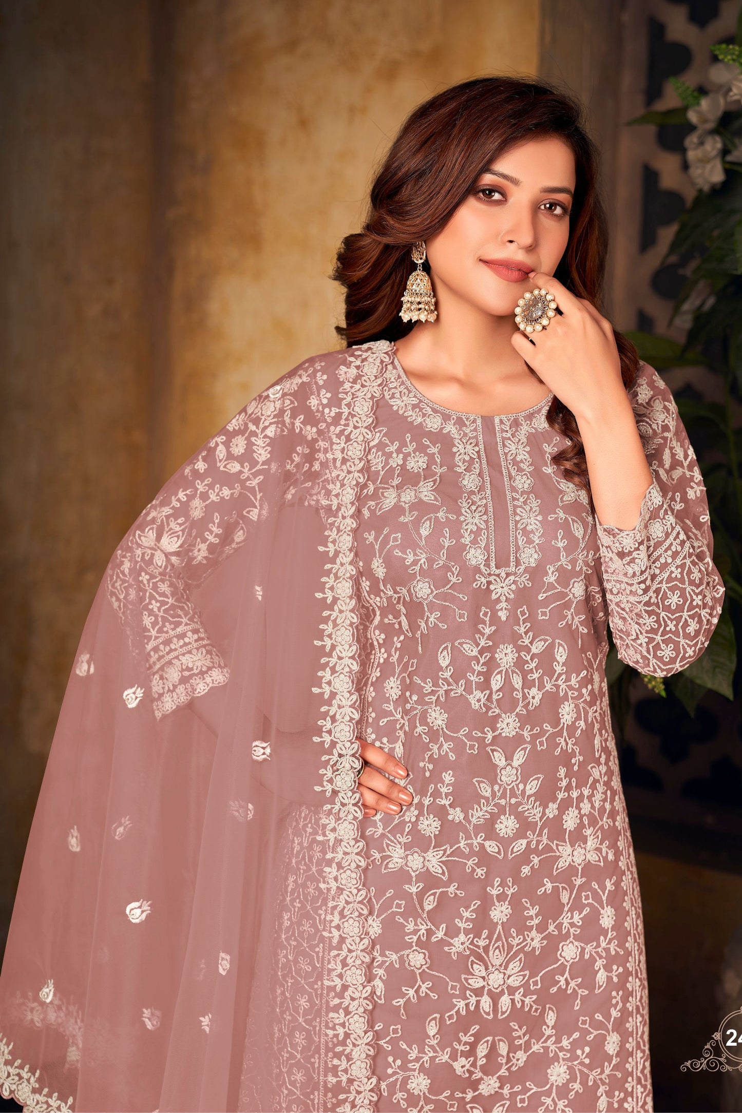 Dusty Pink Net Plus Size Kameez and Palazzo Suit For Indian Wedding & Festival - Embroidery Work