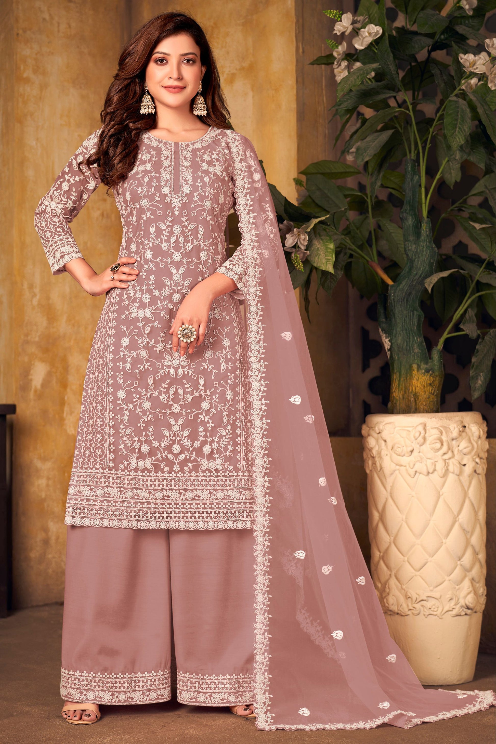 Dusty Pink Net Plus Size Kameez and Palazzo Suit For Indian Wedding & Festival - Embroidery Work