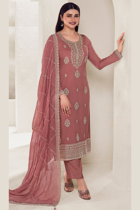 Dusty Pink Organza Kameez with Pant For Indian Suit Festivals & Weddings - Thread Embroidery Work