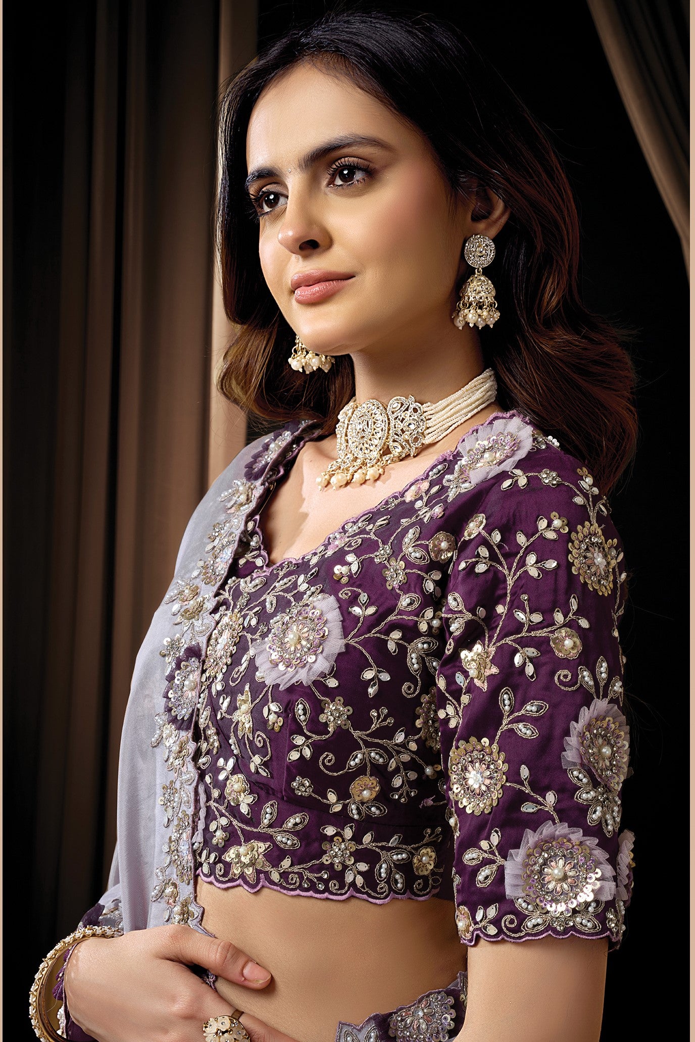 Dusty Purple Satin Saree for Wedding Guest - Sequin, Applique & Pearl Hand Work