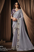 Dusty Purple Satin Saree for Wedding Guest - Sequin, Applique & Pearl Hand Work
