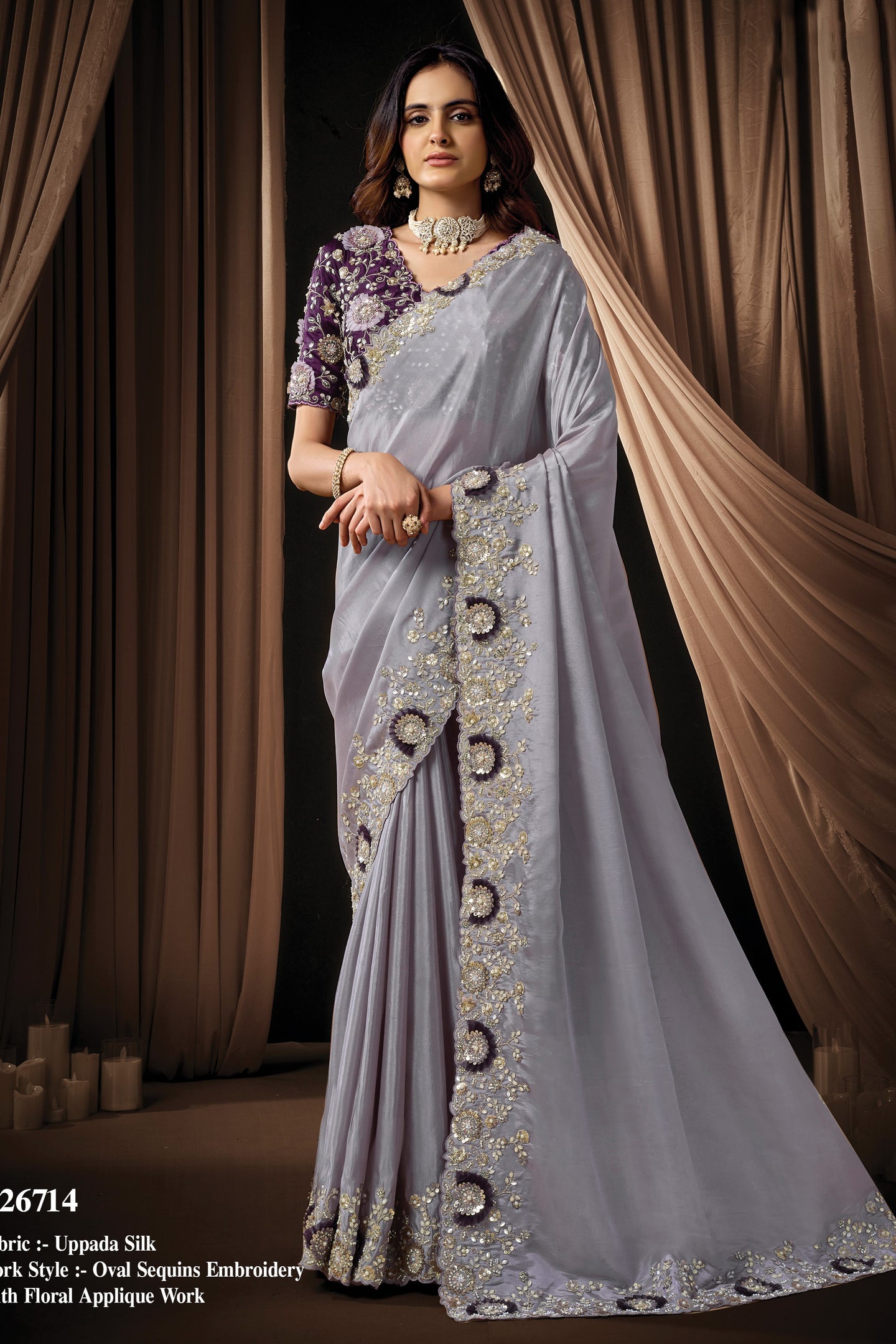 Dusty Purple Satin Saree for Wedding Guest - Sequin, Applique & Pearl Hand Work