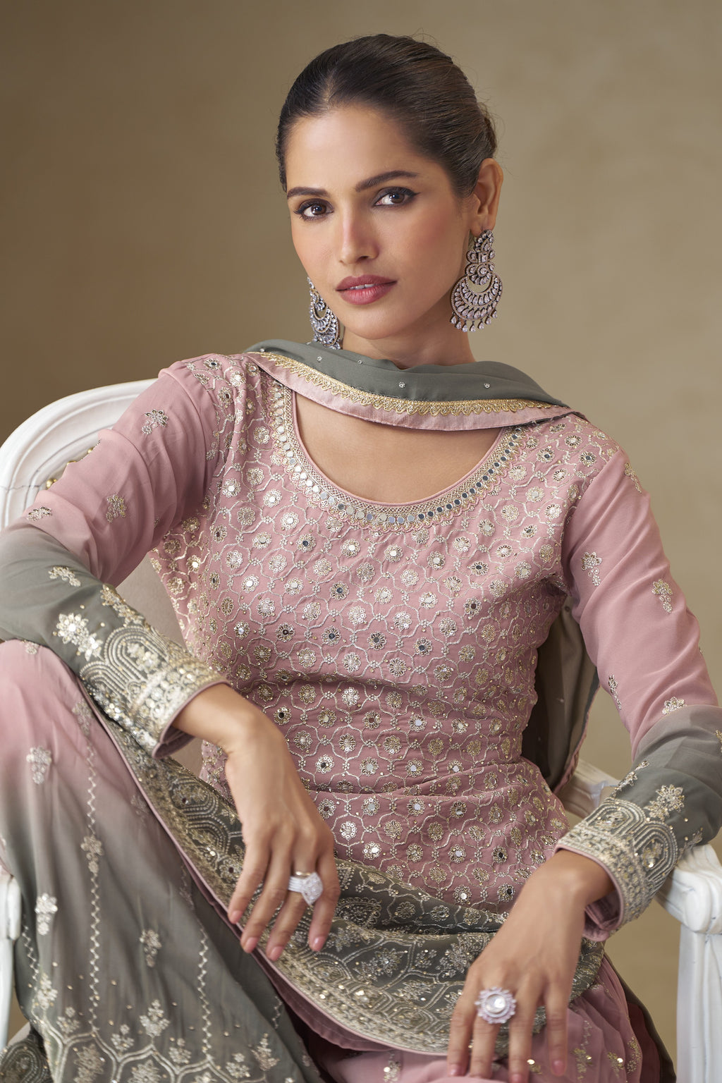 Dusty Rose Georgette Dual Color Palazzo Suit For Indian & Pakistani Wedding Festival - Thread & Sequins Embroidery Work