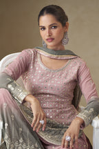 Dusty Rose Georgette Dual Color Palazzo Suit For Indian & Pakistani Wedding Festival - Thread & Sequins Embroidery Work