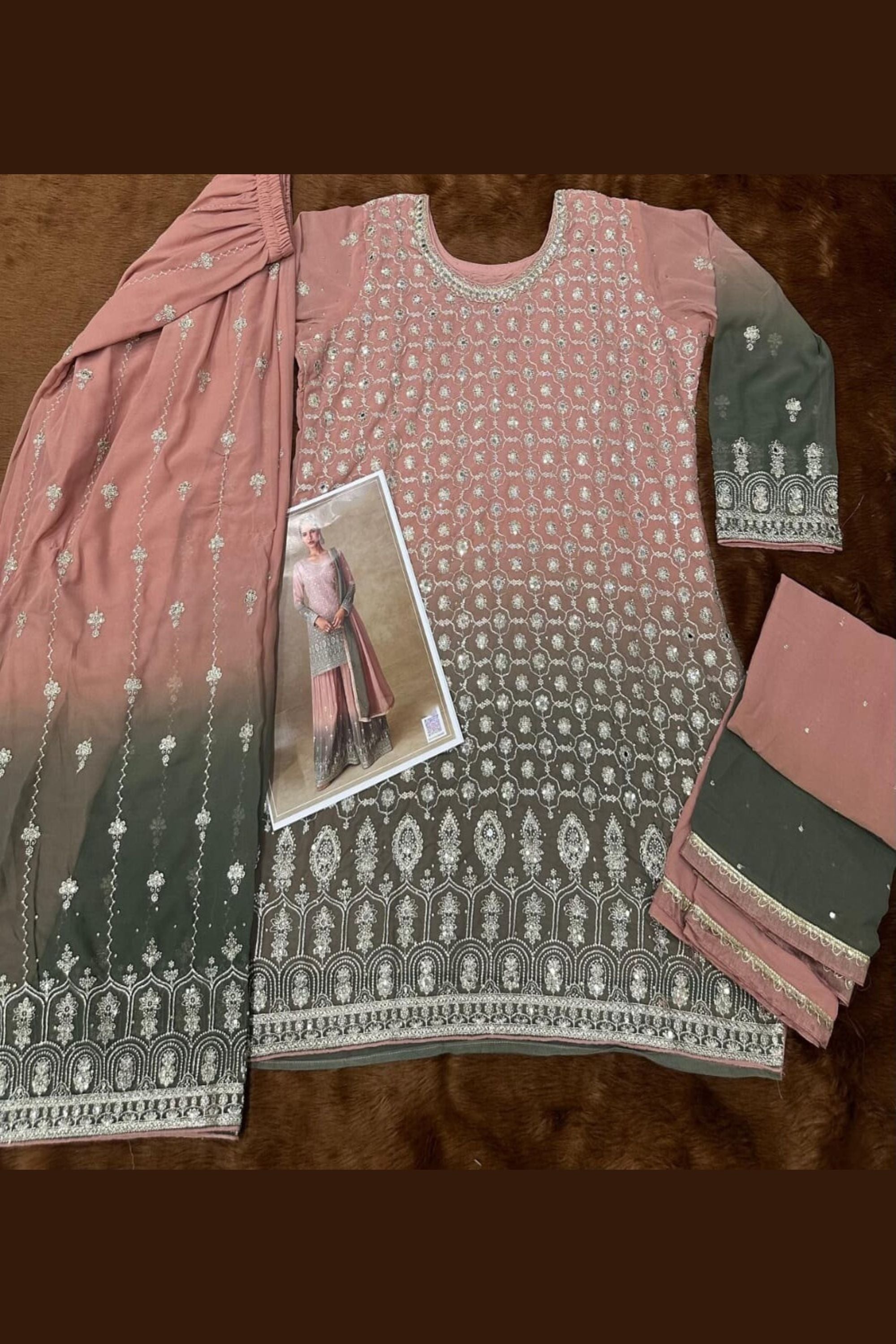 Dusty Rose Georgette Dual Color Palazzo Suit For Indian & Pakistani Wedding Festival - Thread & Sequins Embroidery Work