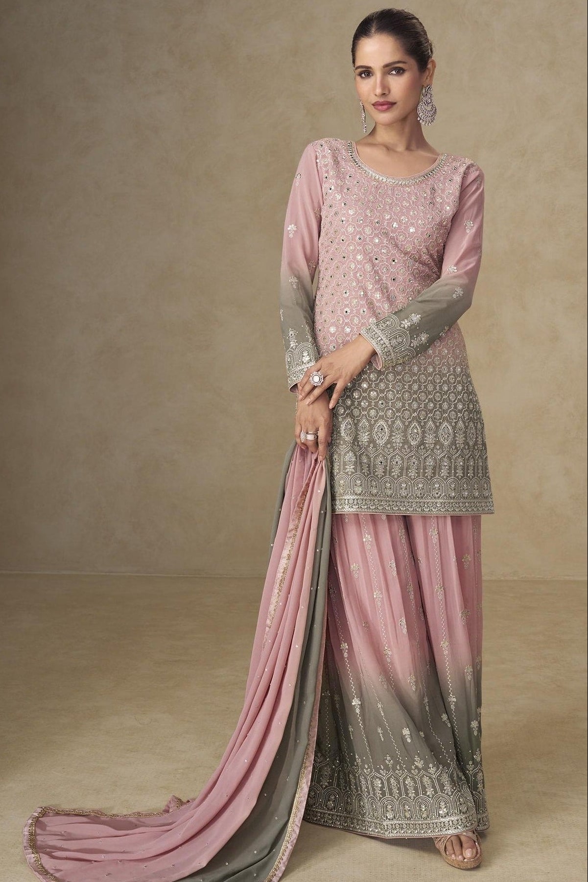 Dusty Rose  Georgette Dual Color Palazzo Suit For Indian & Pakistani Wedding Festival - Thread & Sequins Embroidery Work