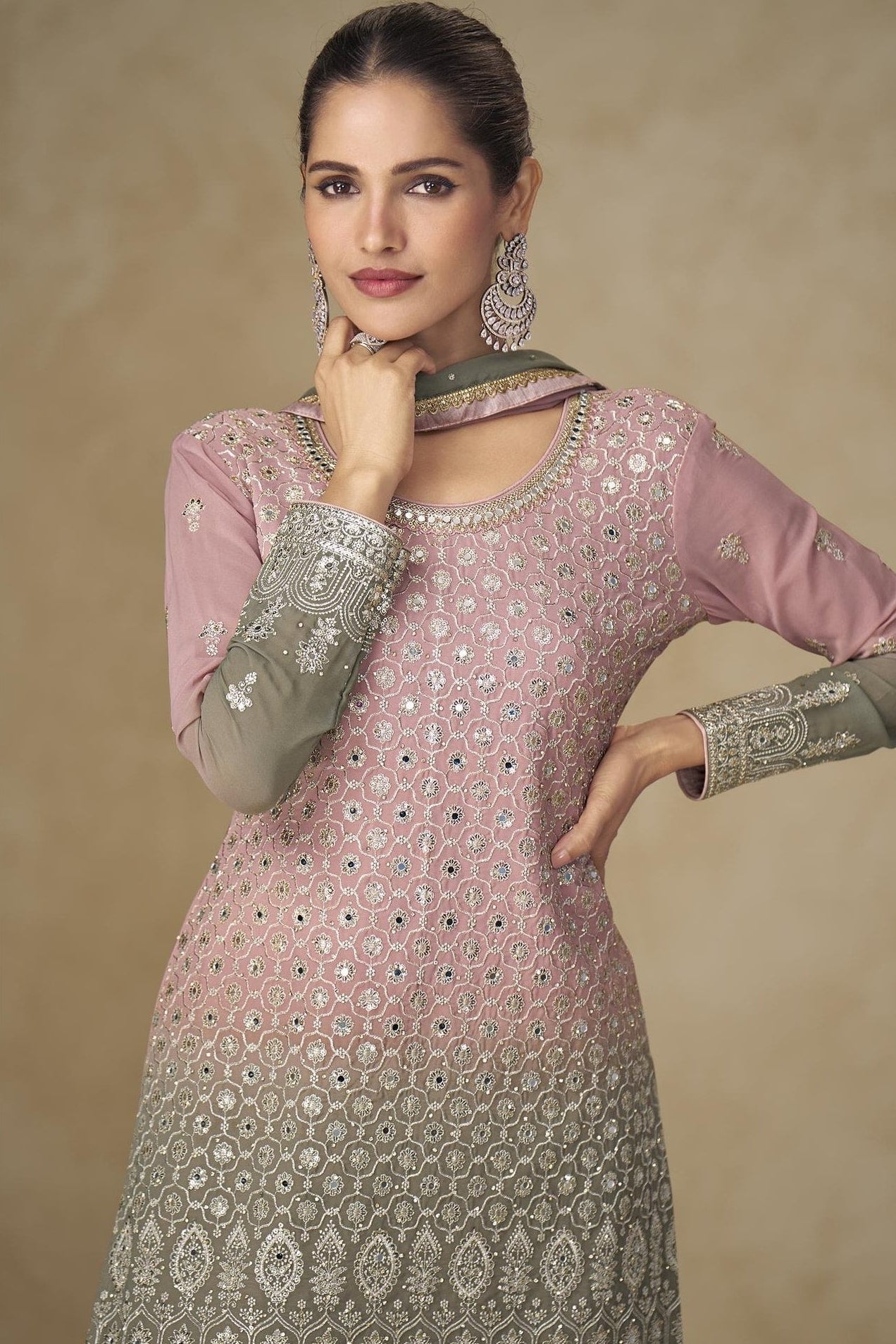 Dusty Rose  Georgette Dual Color Palazzo Suit For Indian & Pakistani Wedding Festival - Thread & Sequins Embroidery Work