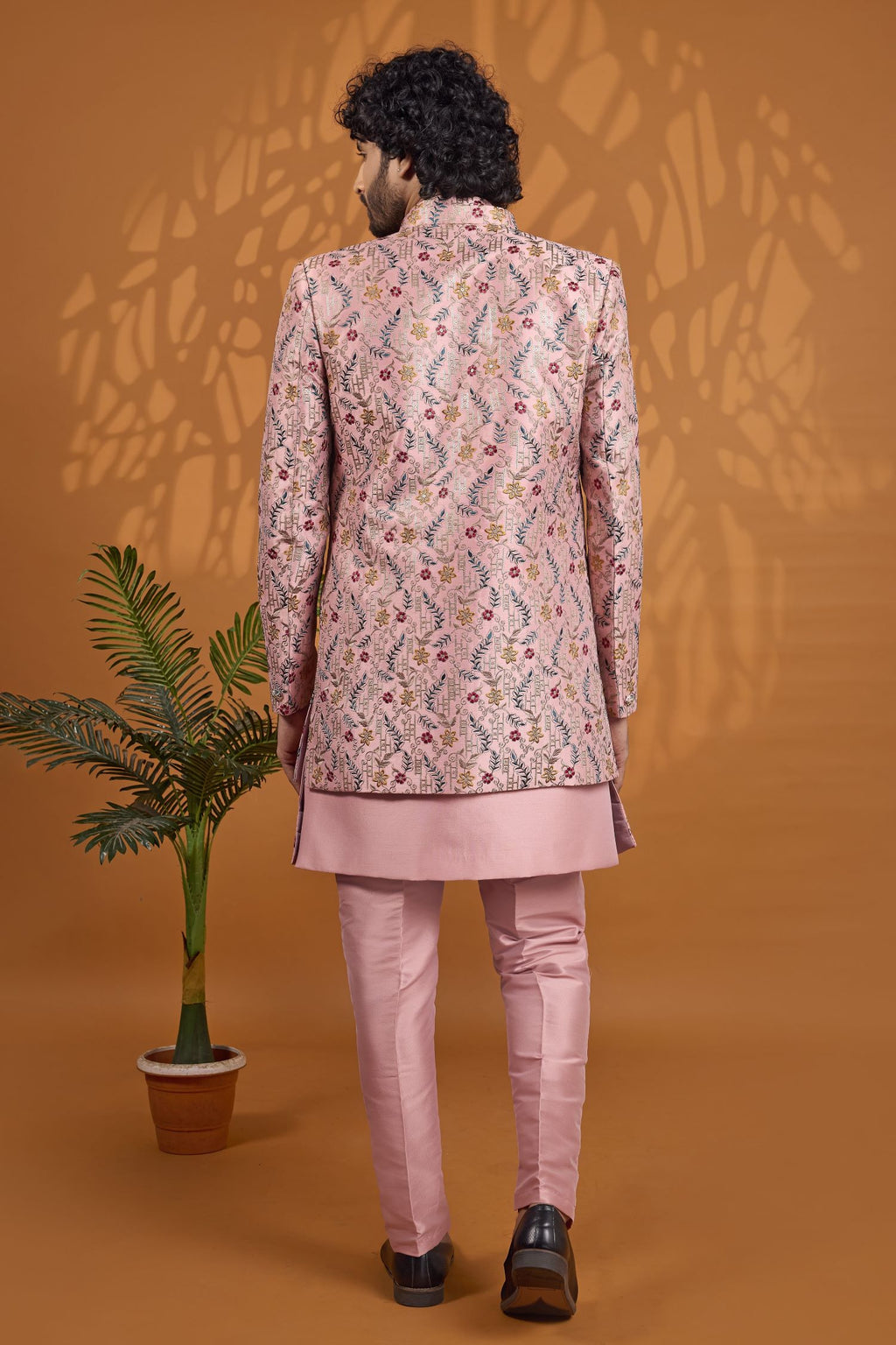 Dusty Rose Sherwani for Men Wedding 3 Piece Set in Art Silk