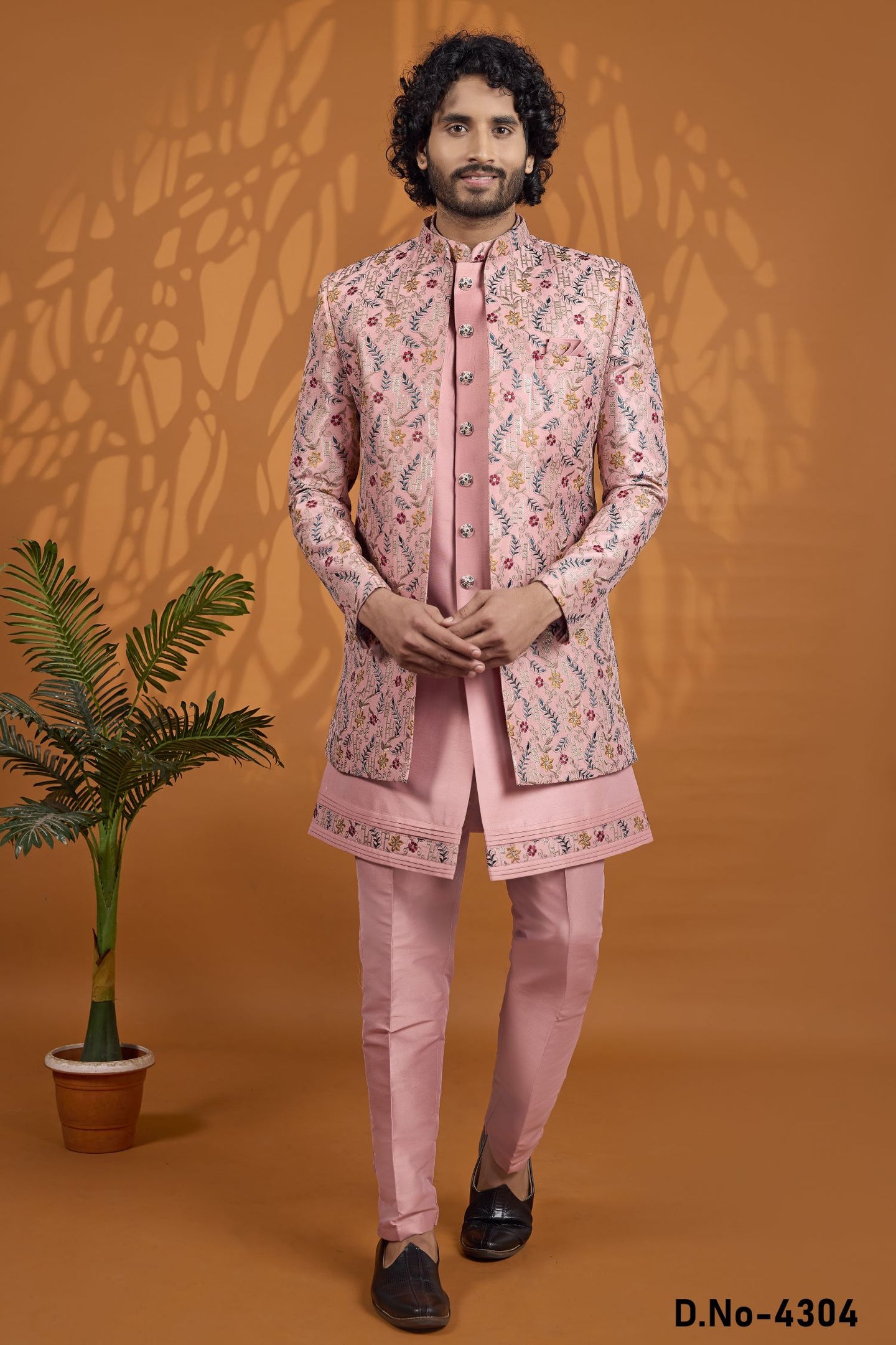 Dusty Rose Sherwani for Men Wedding 3 Piece Set in Art Silk