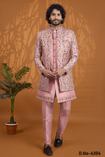 Dusty Rose Sherwani for Men Wedding 3 Piece Set in Art Silk