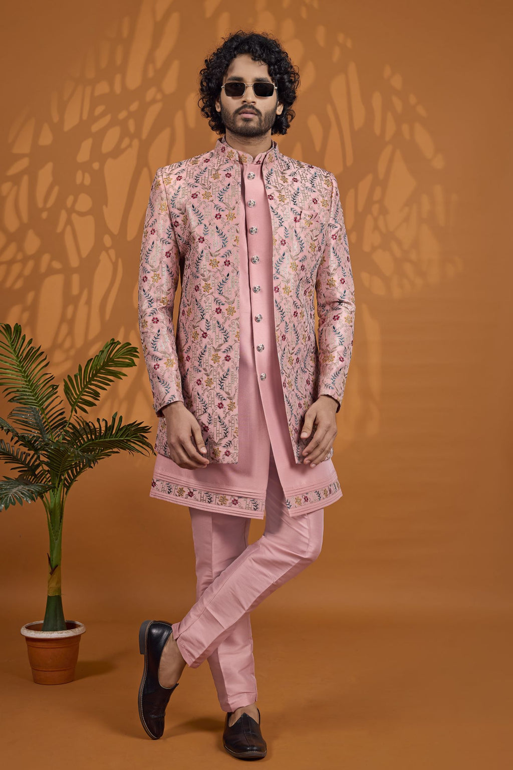 Dusty Rose Sherwani for Men Wedding 3 Piece Set in Art Silk