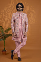 Dusty Rose Sherwani for Men Wedding 3 Piece Set in Art Silk